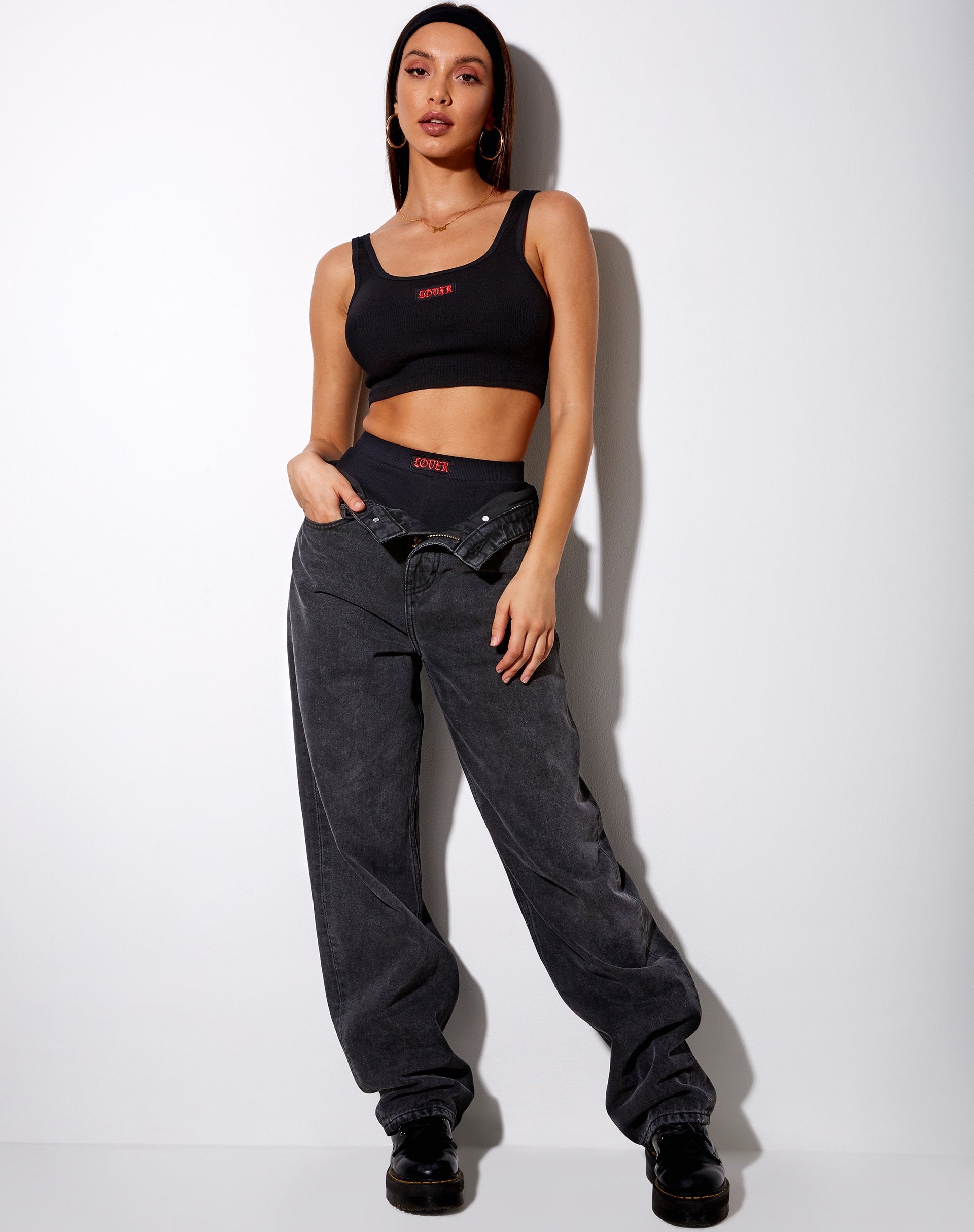 Image of Lathi Crop Top in Rib Black Lover Embro