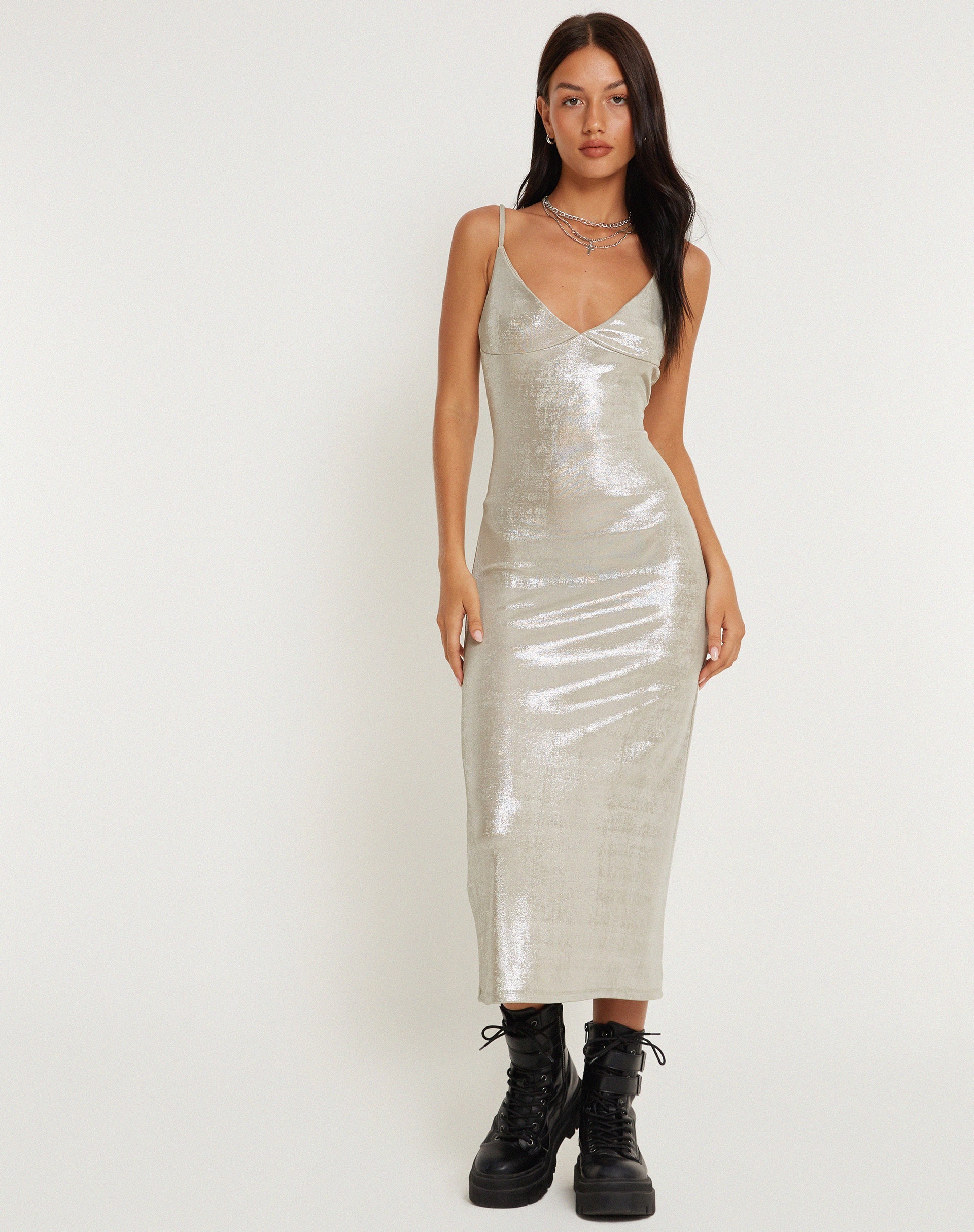 midi silver cocktail dress Flutter Sleeve Sequin Midi Dress - Silver