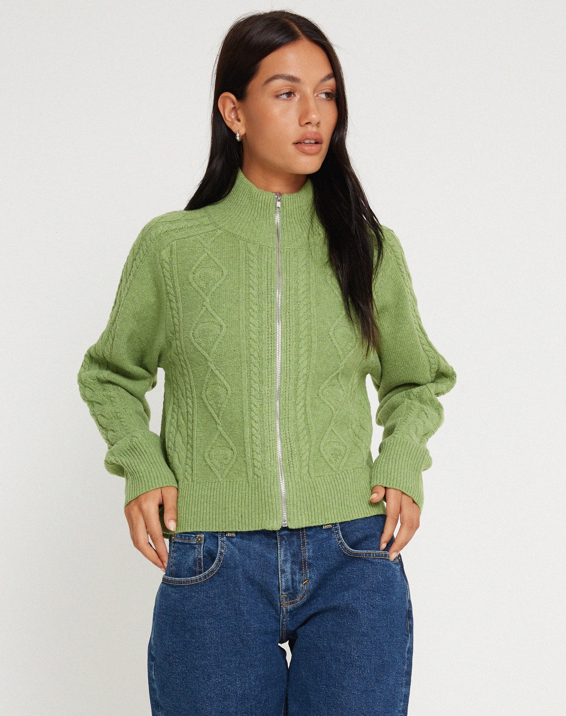 Lemila Knitted Zip Up Jacket in Moss Green