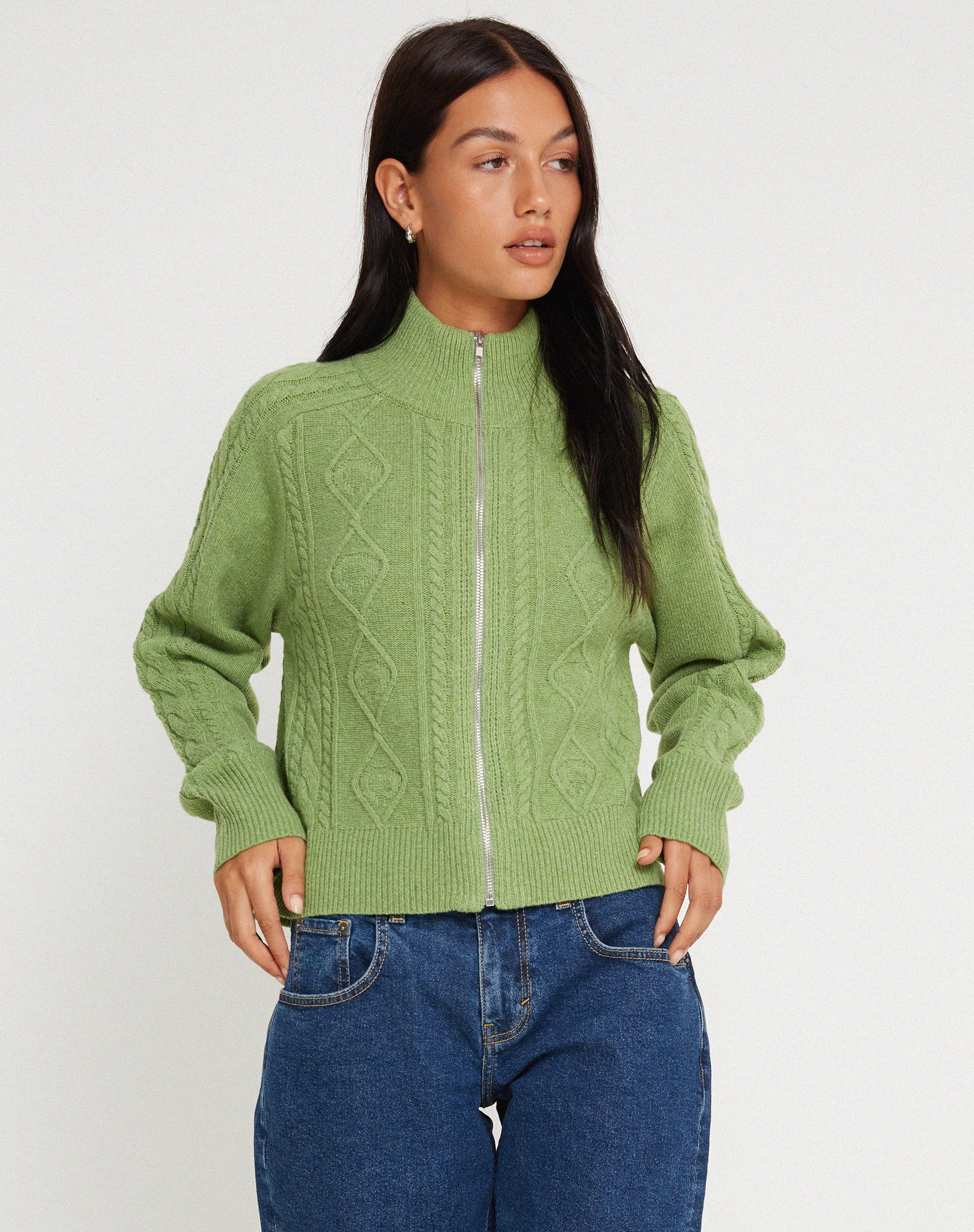 image of Lemila Knitted Zip Up Jacket in Moss Green