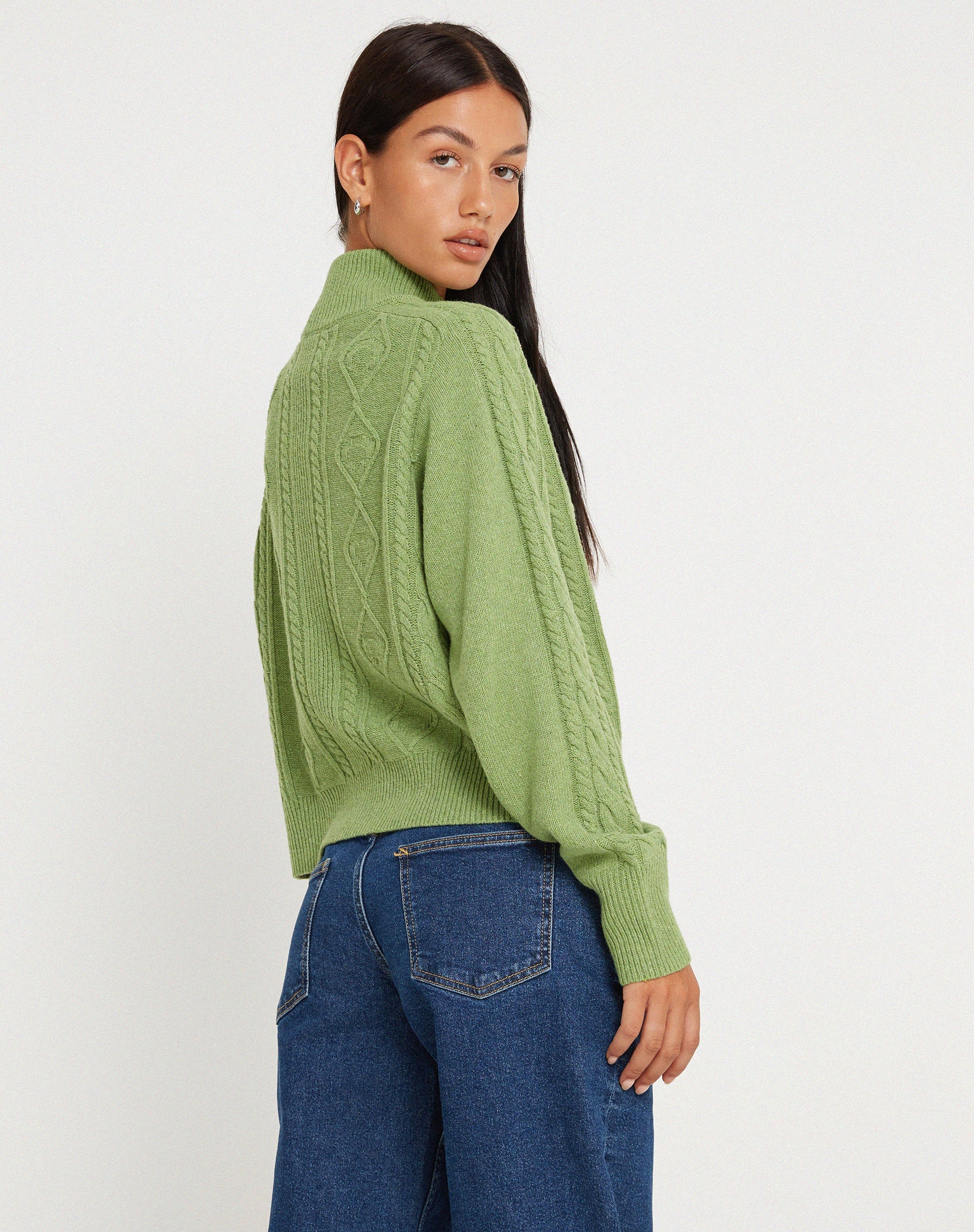 image of Lemila Knitted Zip Up Jacket in Moss Green