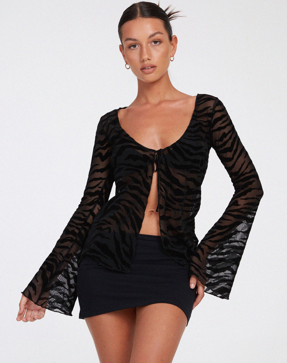 Black Zebra Print Long Sleeve Scoop Neck Cardi | Leony – motelrocks-com-us