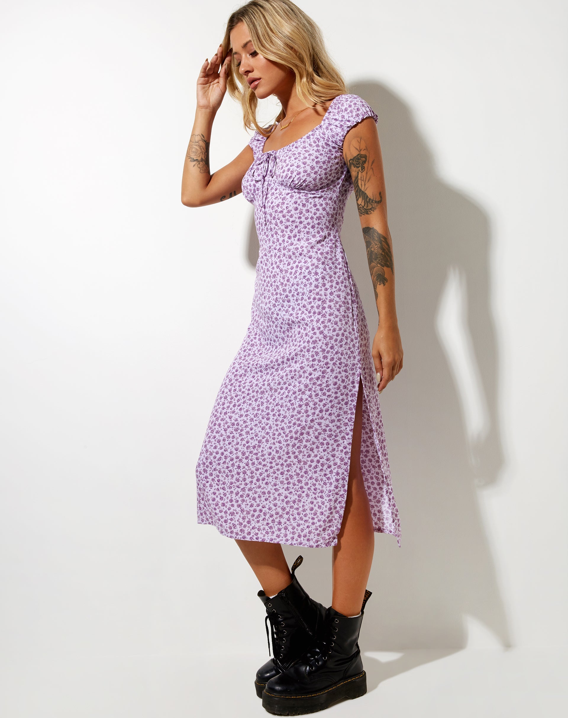roxanne midi dress in purple floral Roxanne Cap-Sleeve Midi Dress