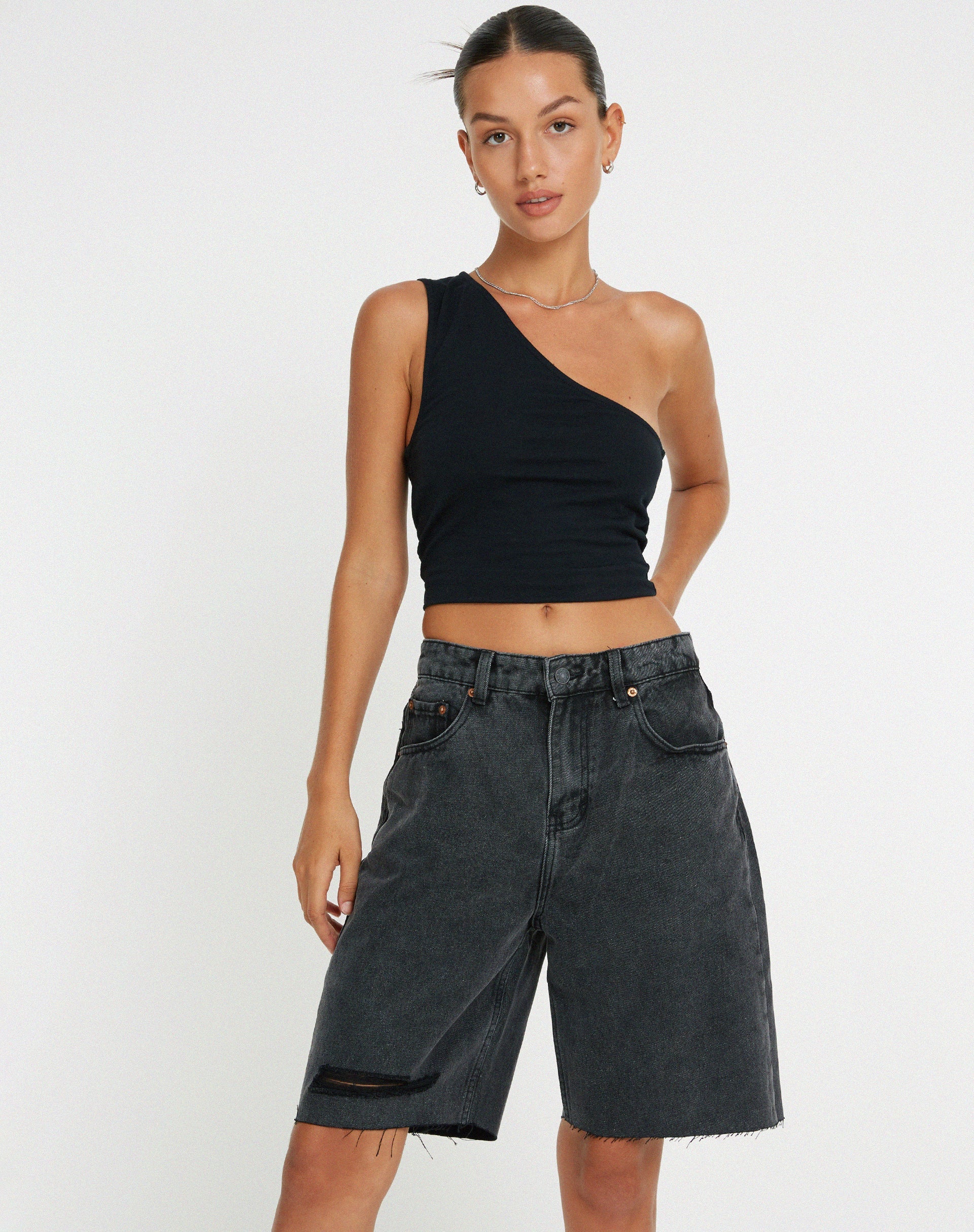 Longline Dad Denim Shorts in Black Wash - Main Image