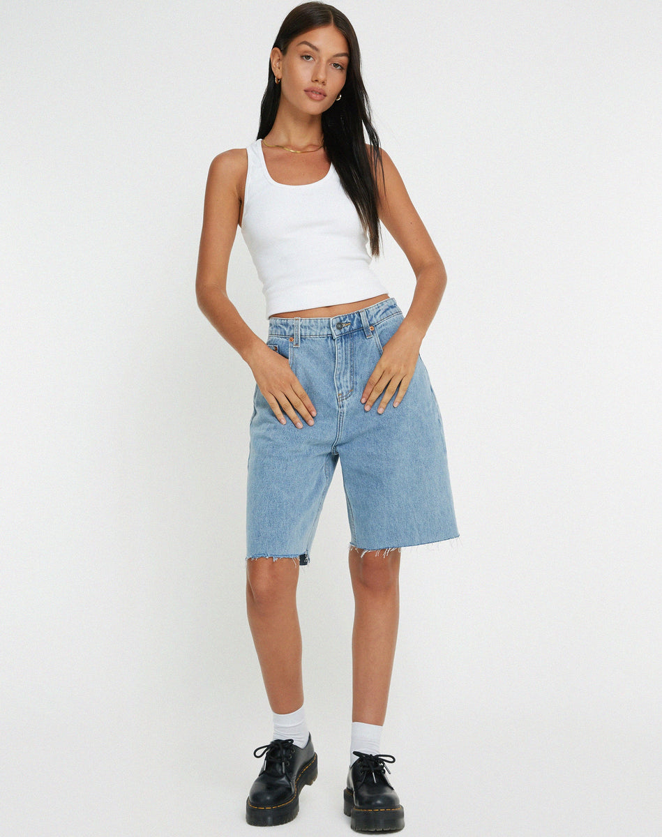 Light Wash Blue Denim Shorts | Longline Dad – motelrocks-com-us