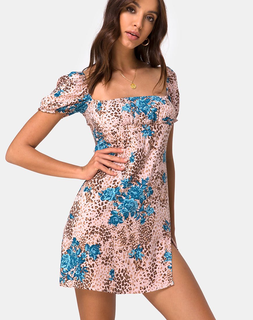 Image of Lonma Mini Dress in Jungle Flower Blue Cream