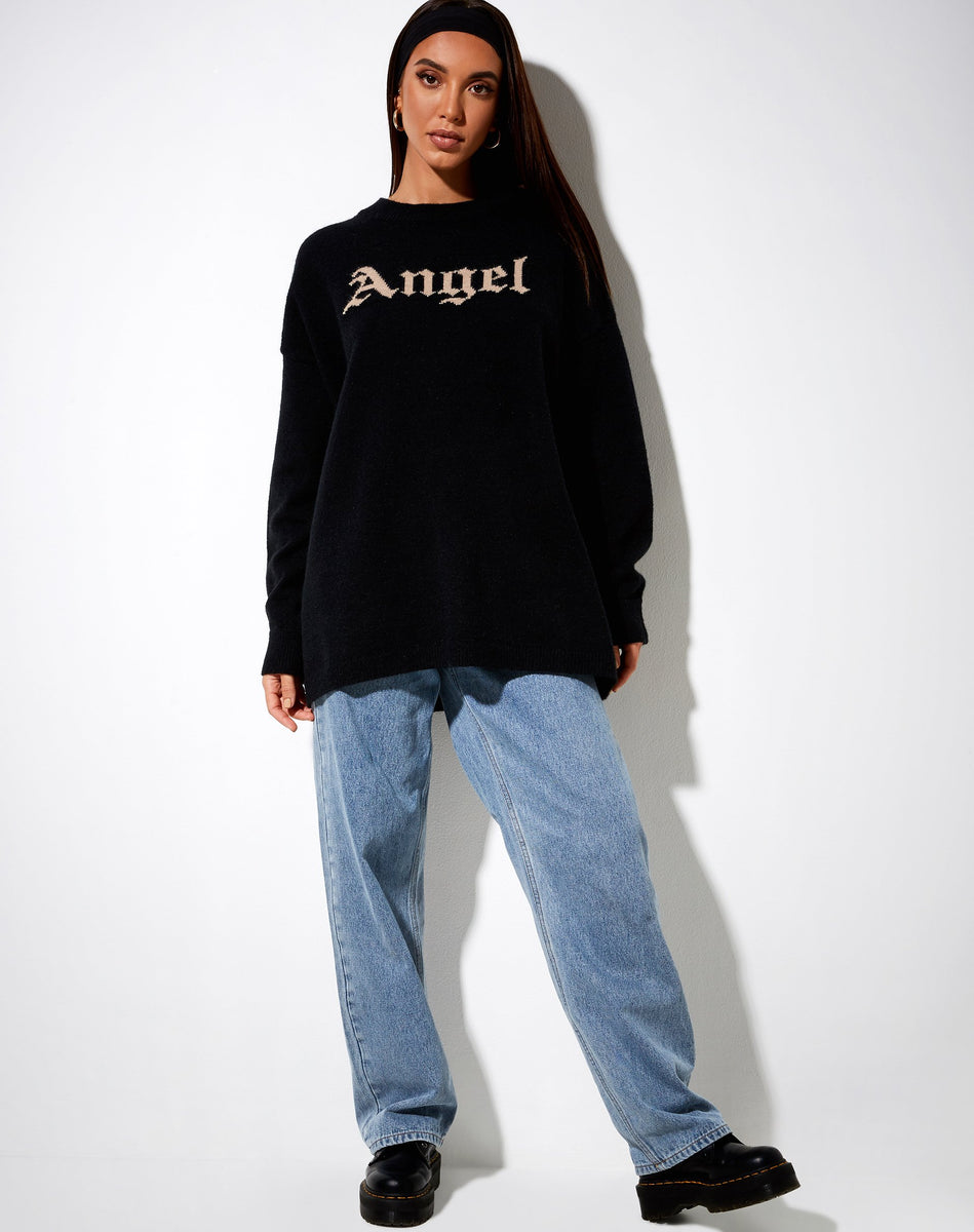 Long Sleeve Crew Neck Black Knitted Jumper Cream Angel Font | Lulees ...
