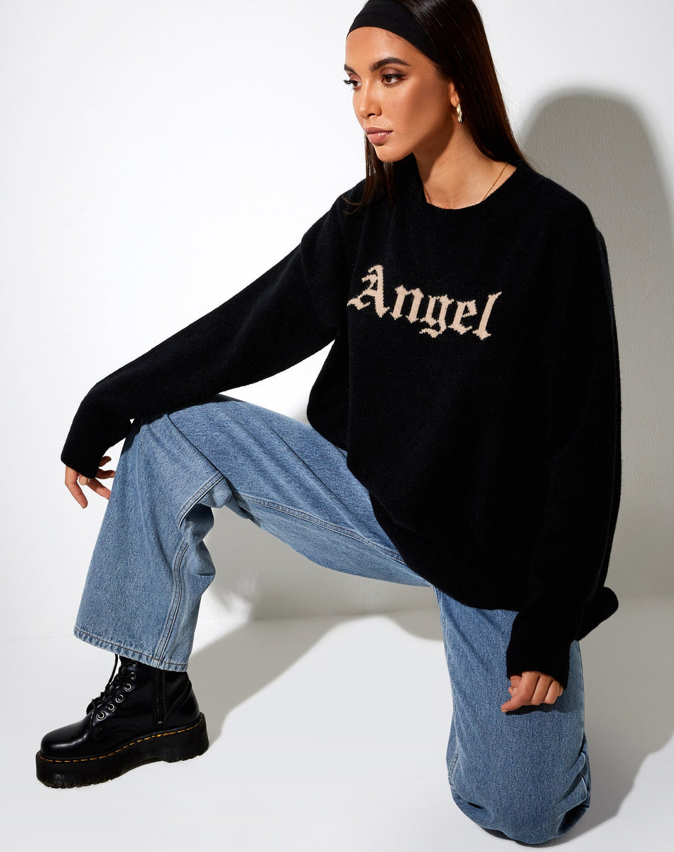 Long Sleeve Crew Neck Black Knitted Jumper Cream Angel Font | Lulees ...