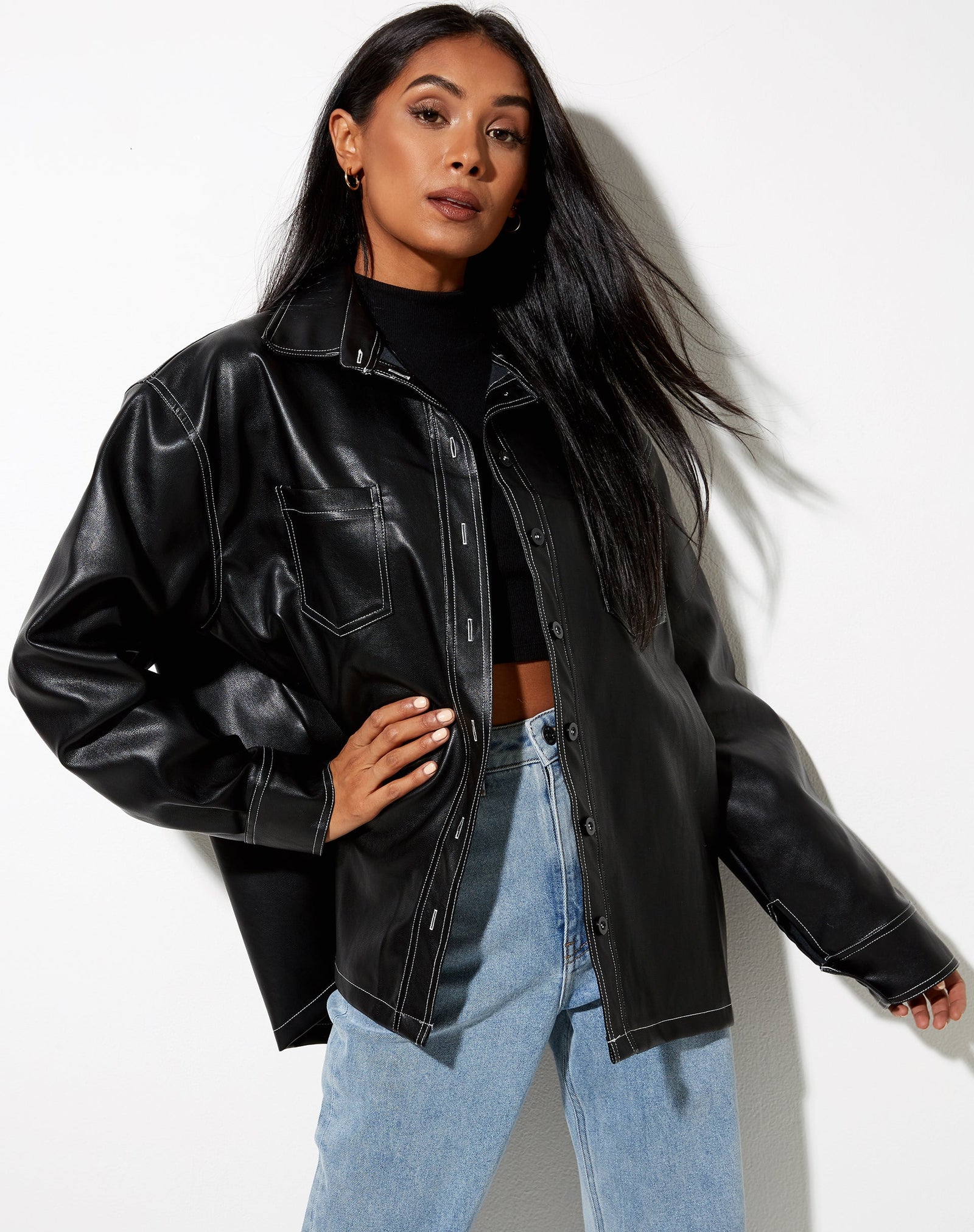 Oversized Cropped Faux Leather Jacket White