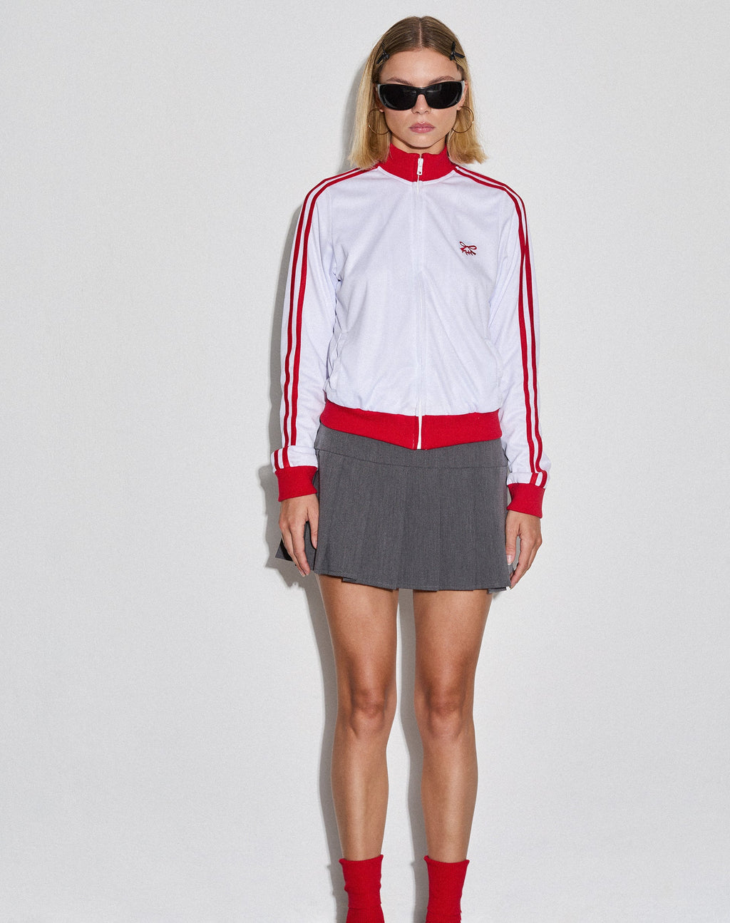 Makira Zip Up Jacket in White with Red Double Stripe