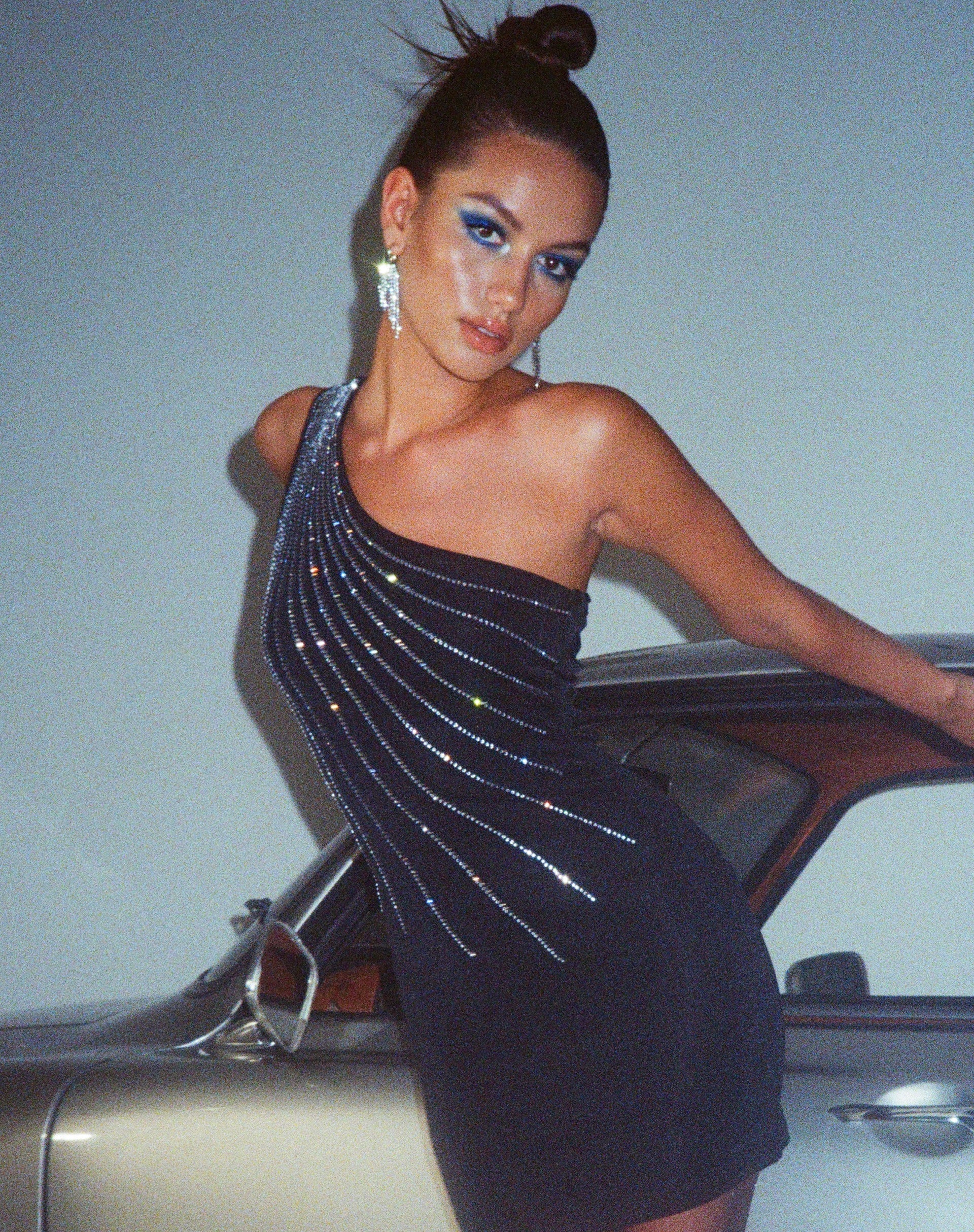 Mandan Mini Dress in Crepe Black Hotfix Diamante Mandan Mini Dress in Crepe Black Hotfix Diamante