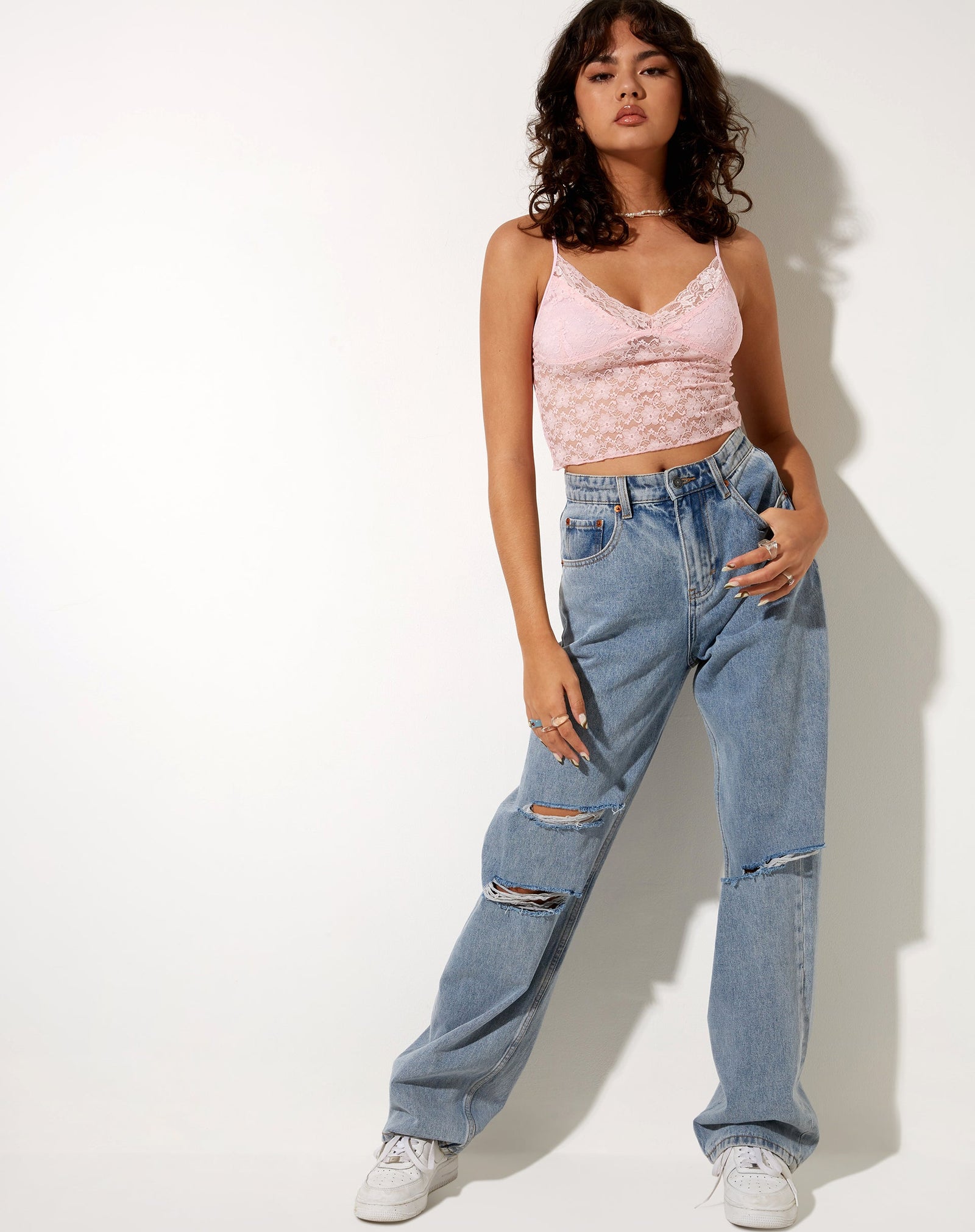 Pink Lace Strappy V Neck Crop Top | Mayrinda – motelrocks-com-us