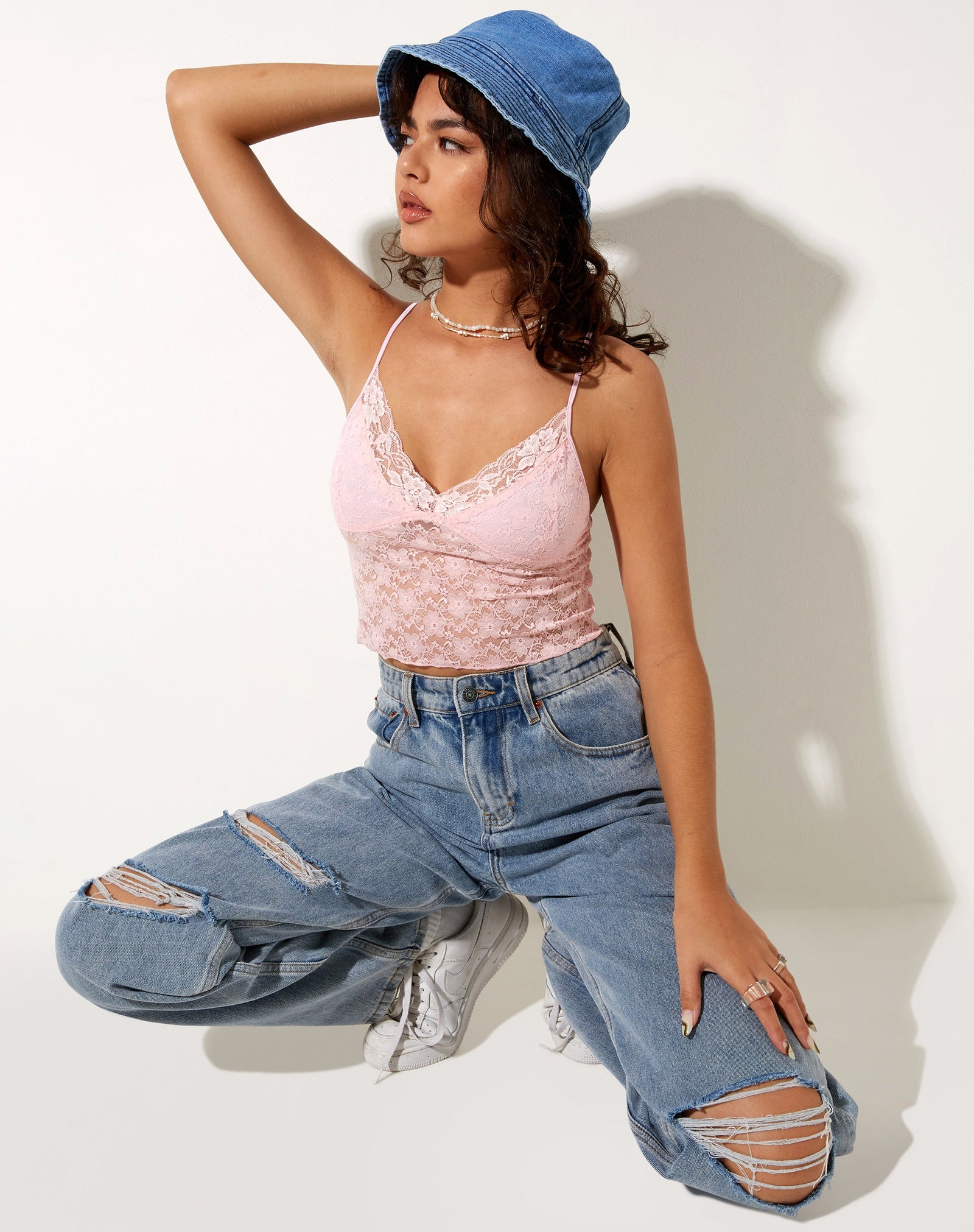 Pink Lace Strappy V Neck Crop Top | Mayrinda – motelrocks-com-us