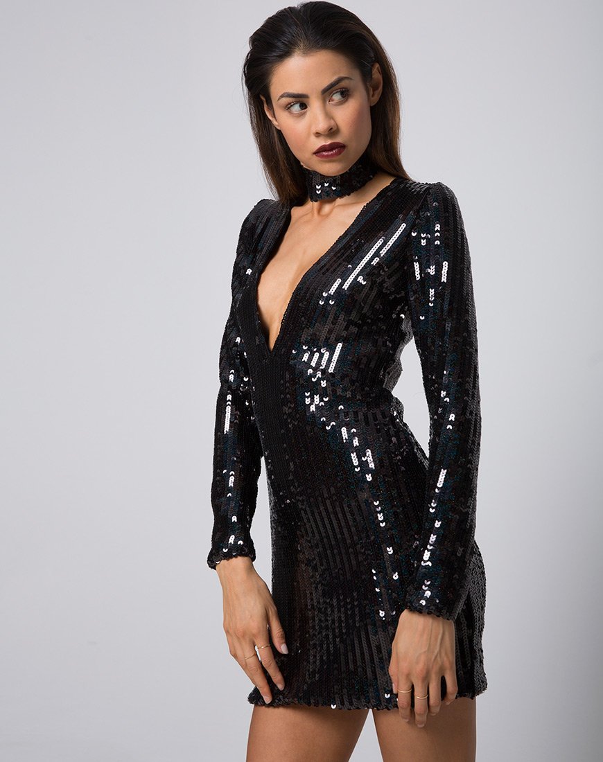 Meli Dress and Choker in Fishscale Sequin Black Iridescent