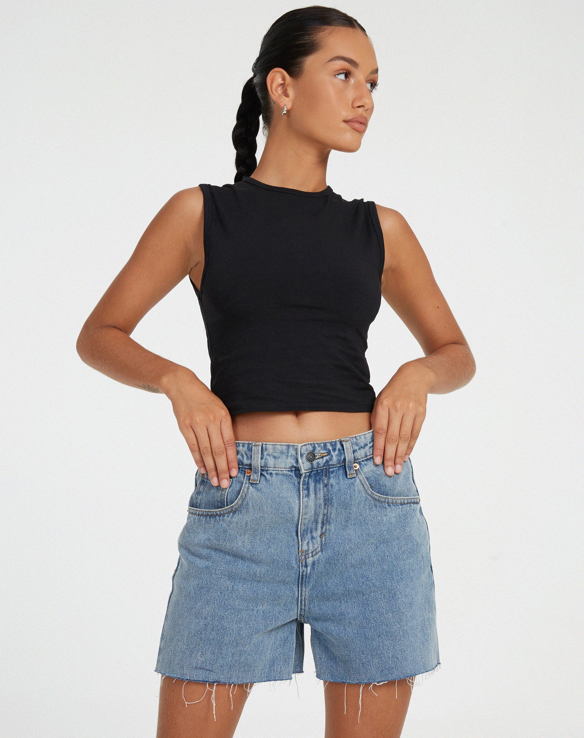 Mid Length Denim Shorts in Light Wash - Main Image