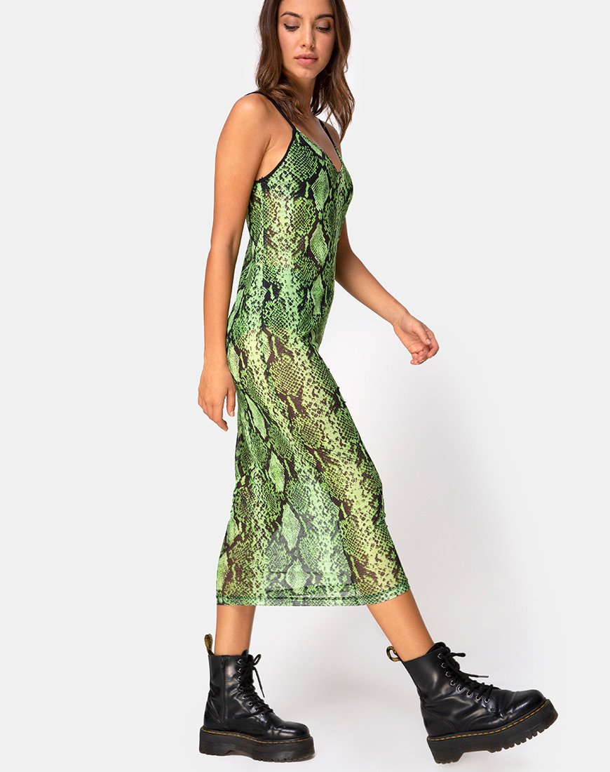 Image of Midnight Midi Dress in Slime Lime Snake Mesh