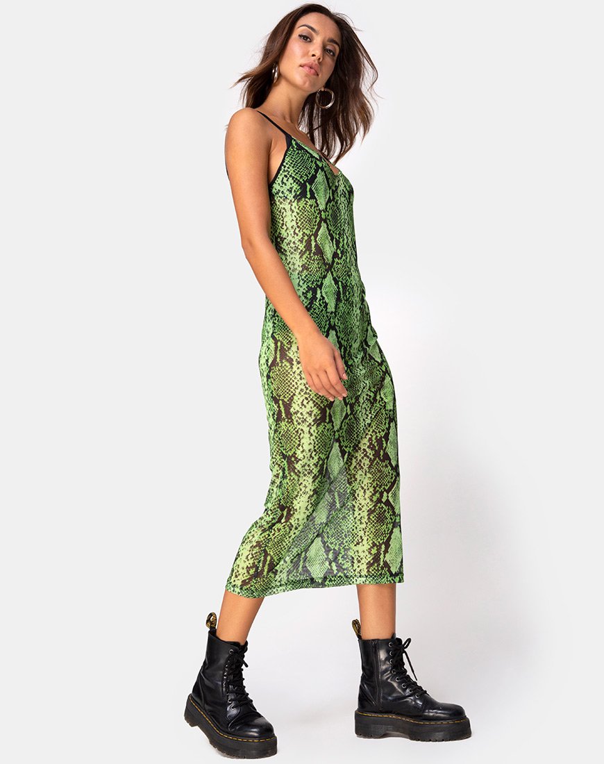 Image of Midnight Midi Dress in Slime Lime Snake Mesh