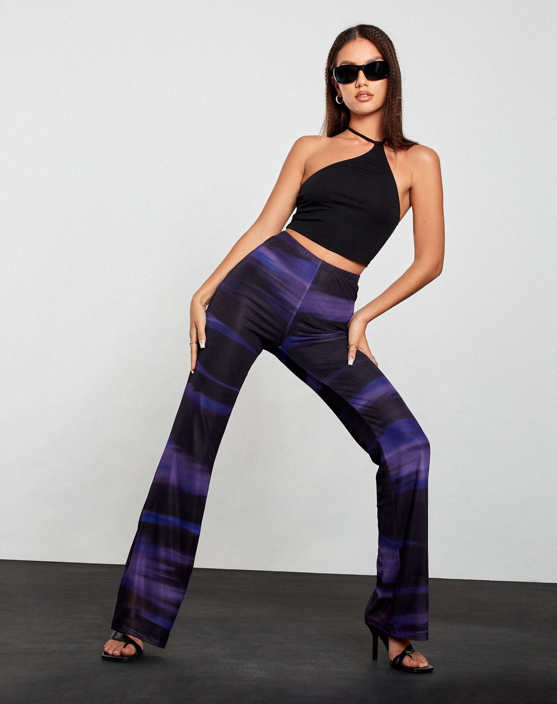 Blue and Black Printed High Waisted Flare Trousers | Herly