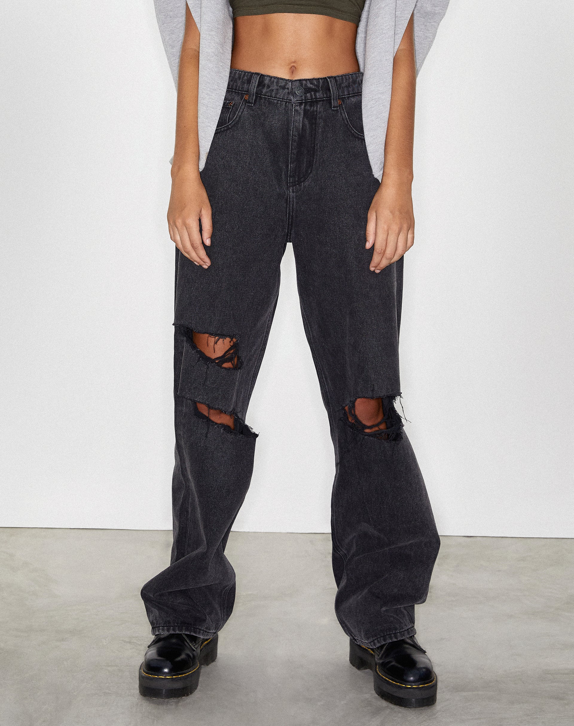 Black Ripped Wide Leg Denim Jeans  Rips Parallel – motelrocks-com-us