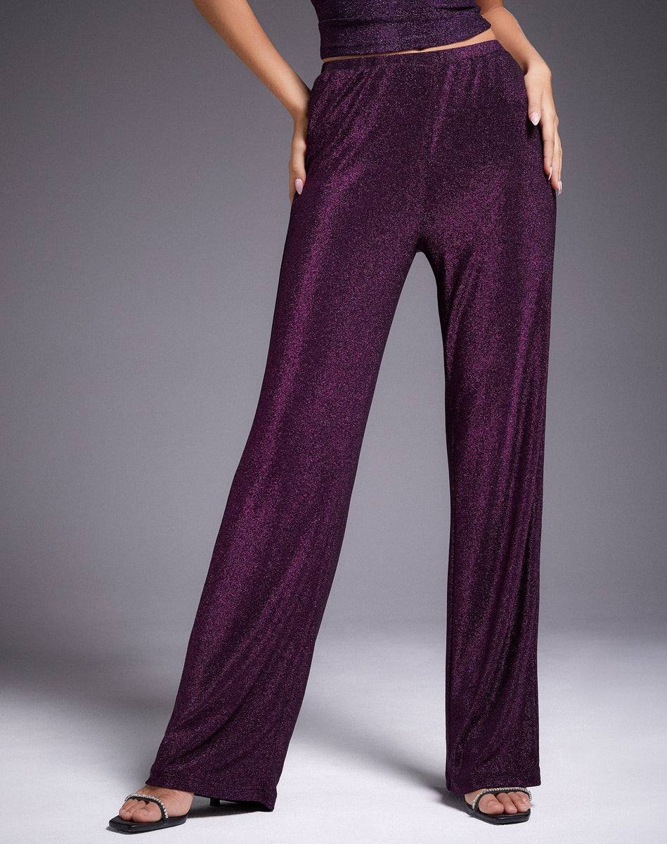 Slinky Glitter Dark Purple High Waisted Wide Leg Trouser | Niran ...