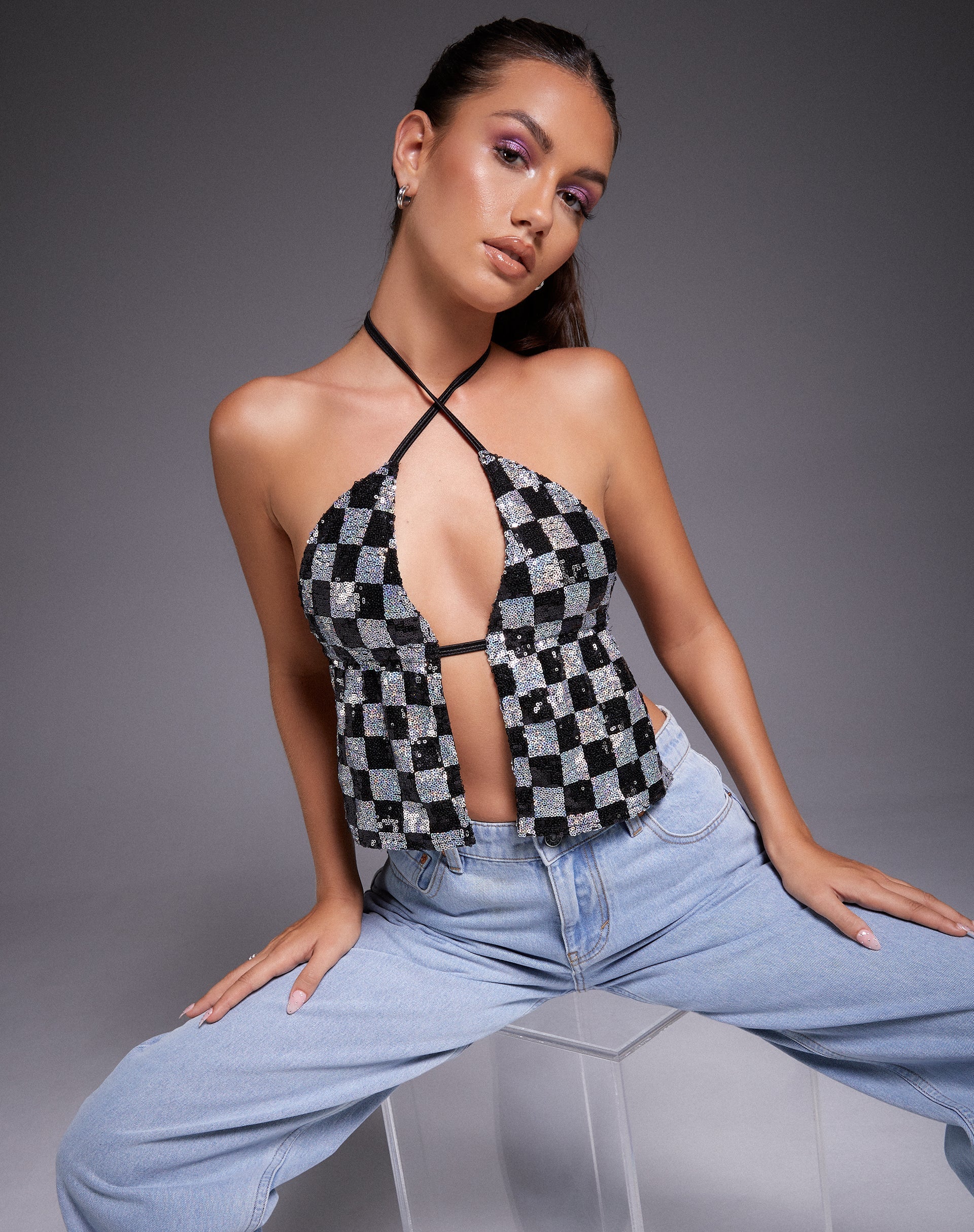 Image of Runita Top in Checkerboard Sequin Black and Silver
