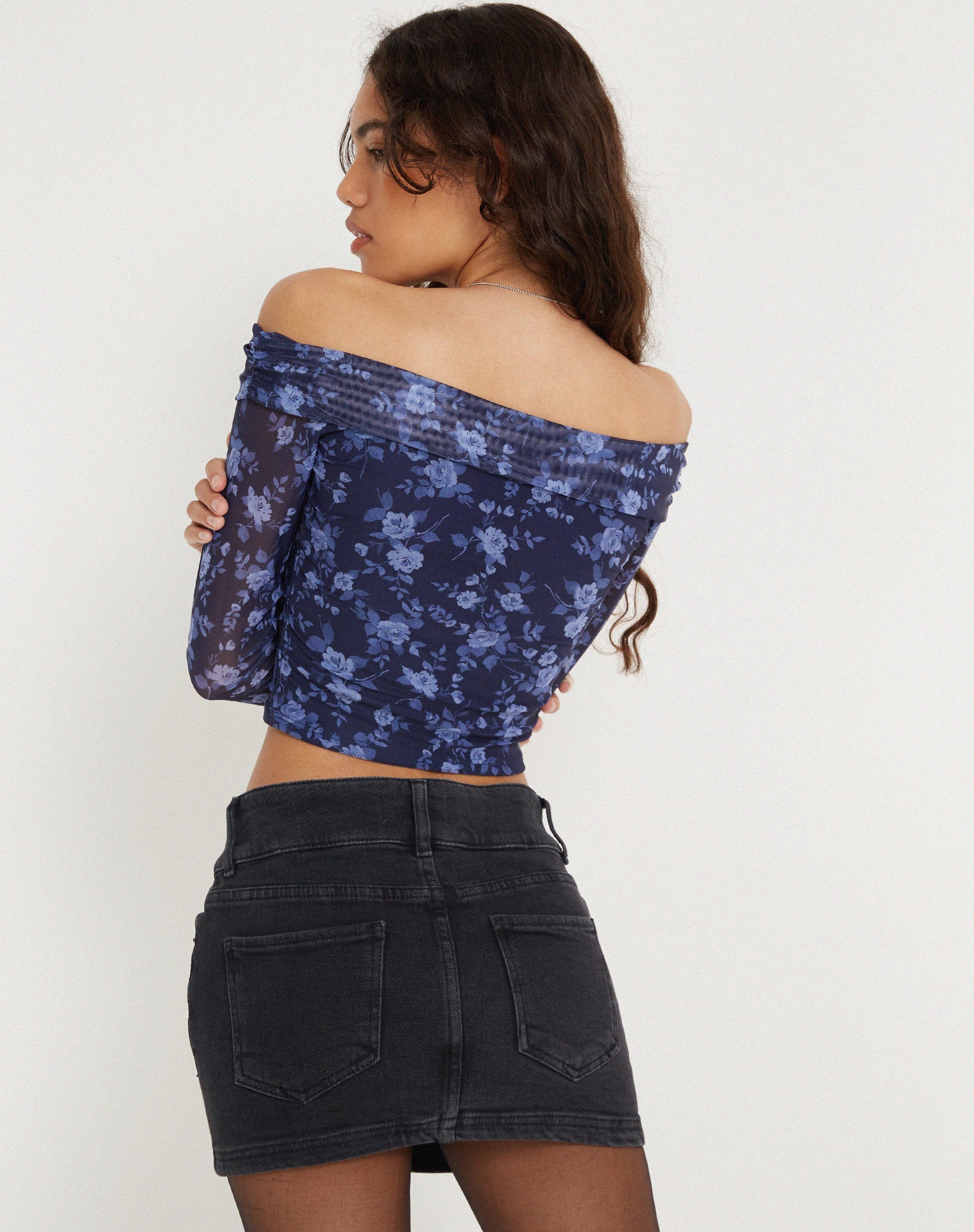 image of Nagini Long Sleeve Bardot Top in Pretty Floral Navy