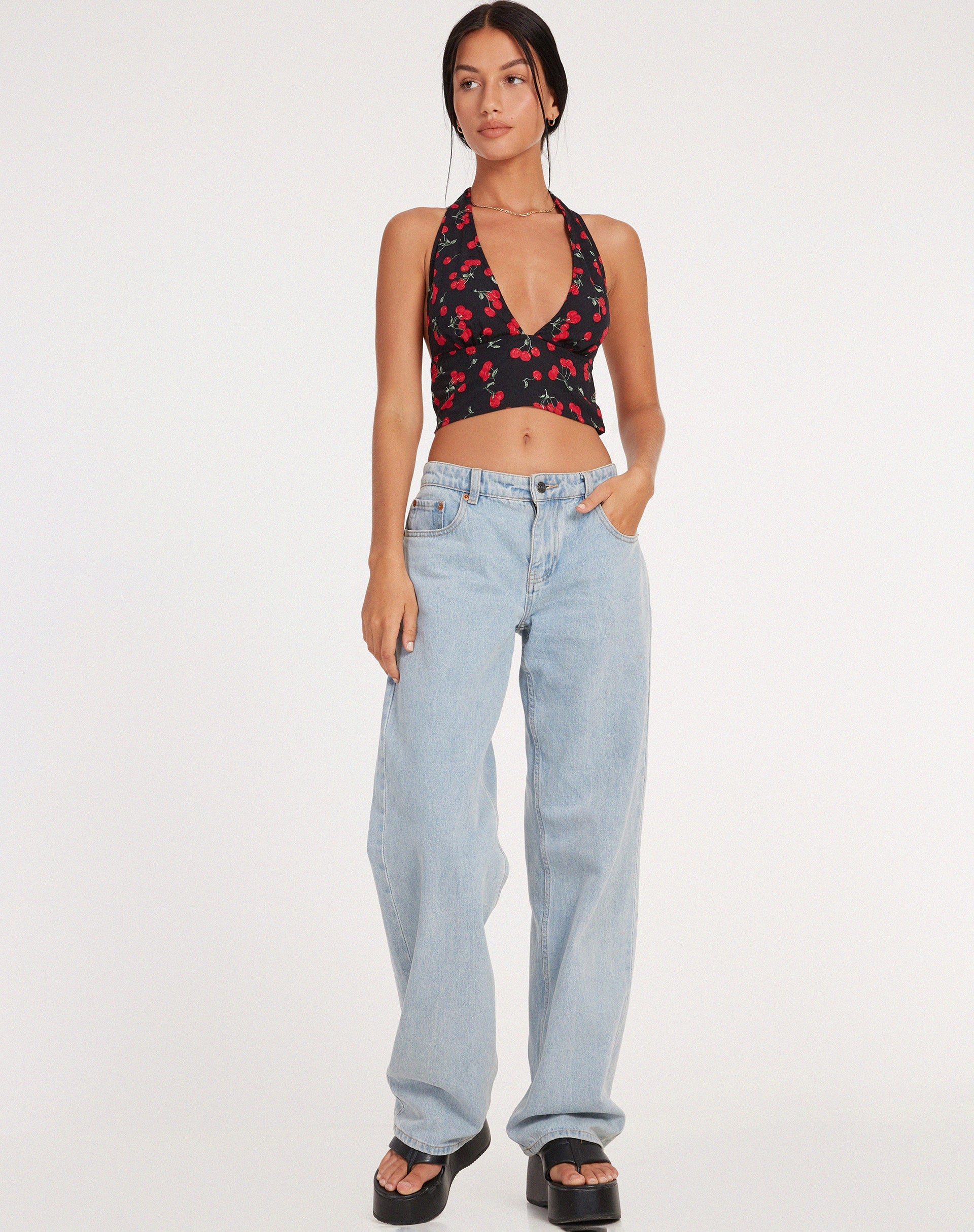Black and Red Cherry Print Halter Neck Crop Top | Nanda