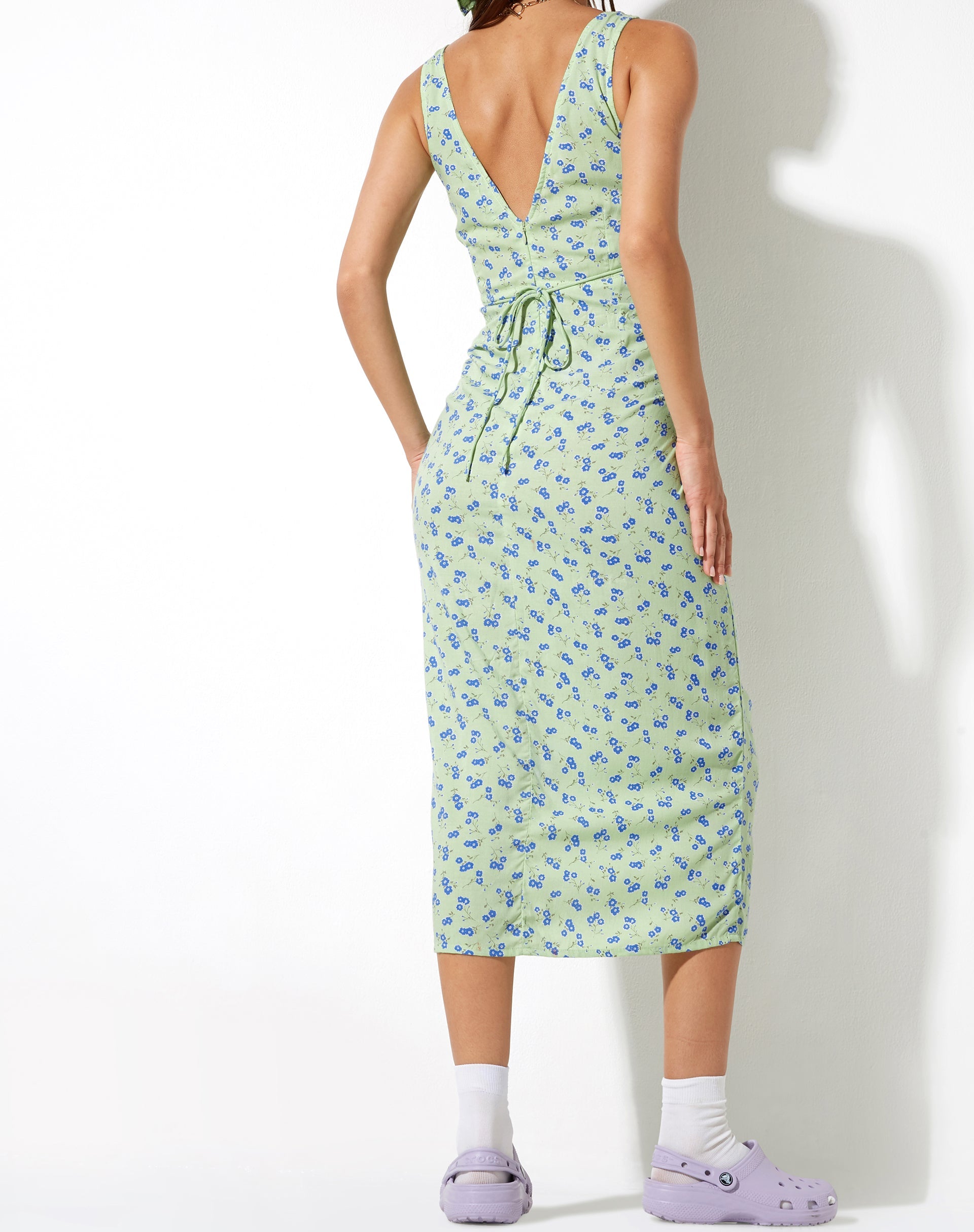 Lime Floral Print V Neck Midi Dress | Lisheva – motelrocks-com-us