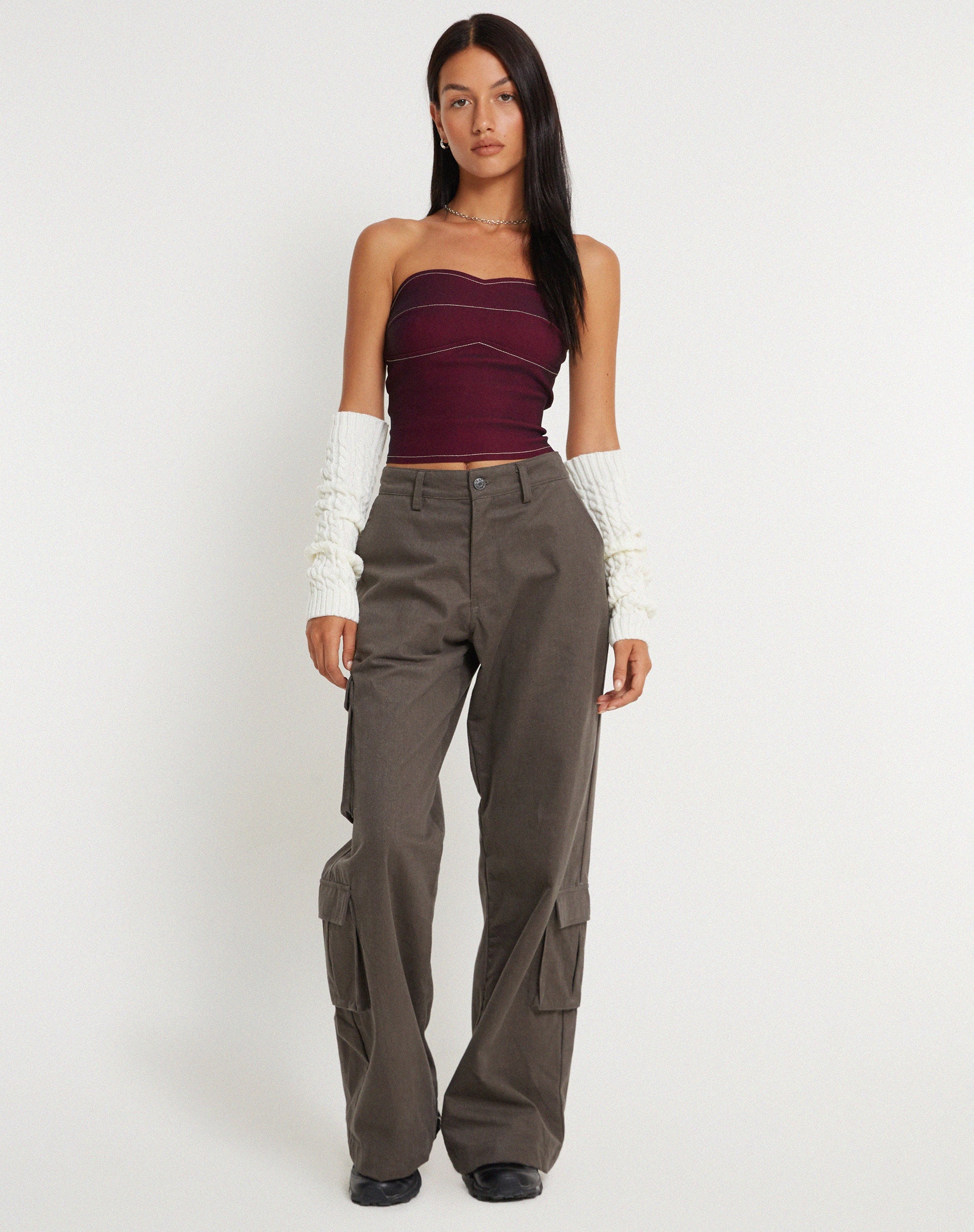 image of Nelly Cropped Corset Top in Burgundy with Ecru Stitch Detail