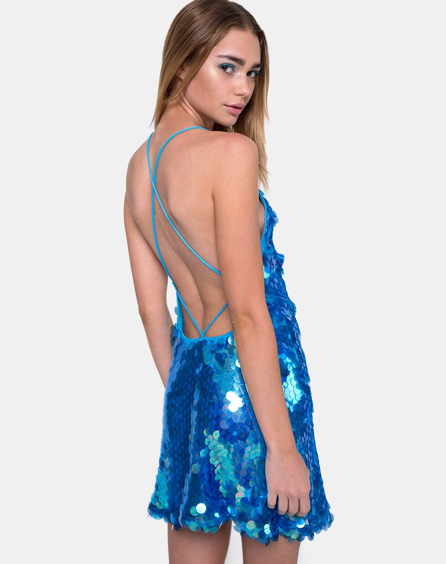 Nylah Mini Dress in Fishcale Disc Marine Sequin