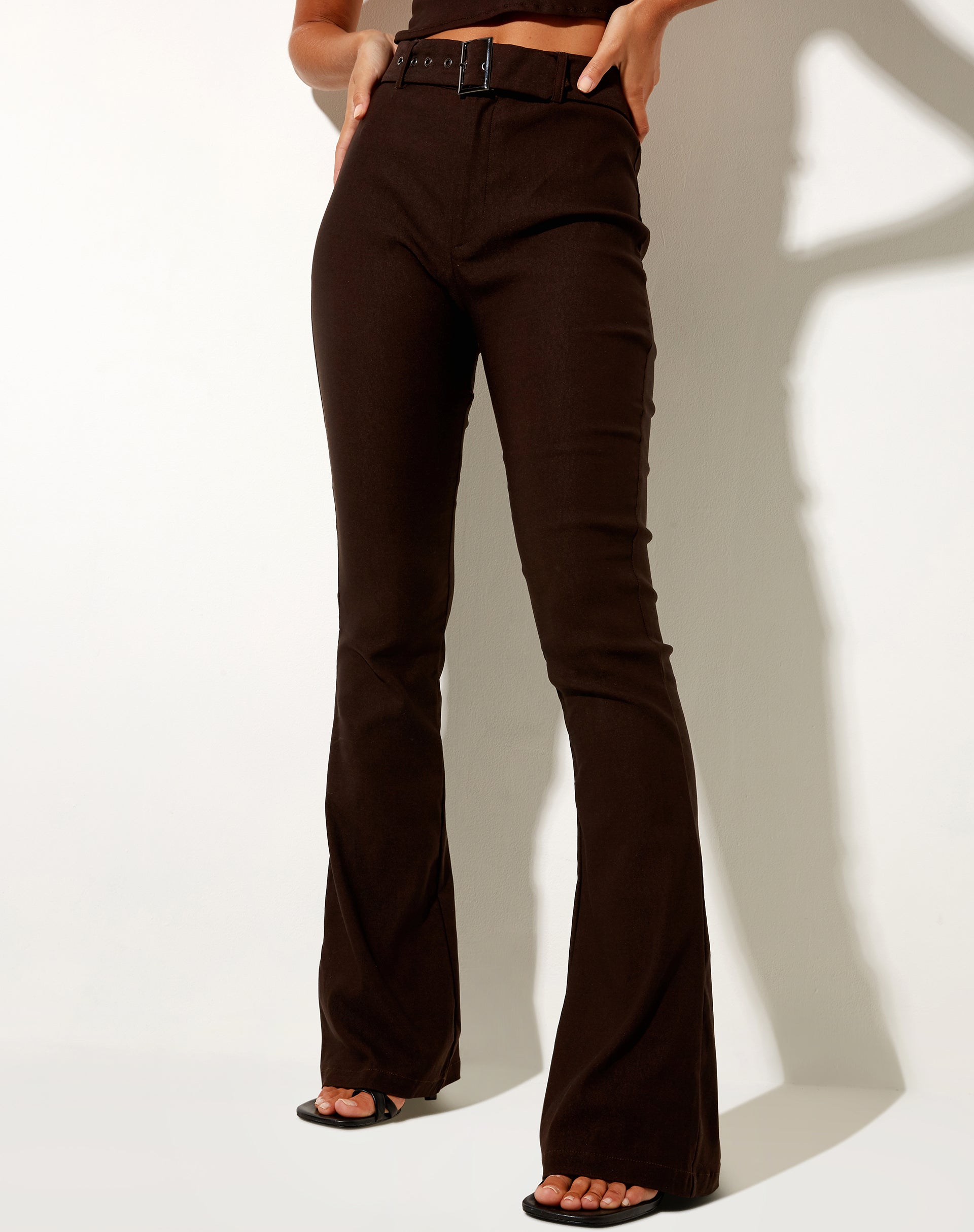 Black Stretch Woven 90's Belted Flared Trousers