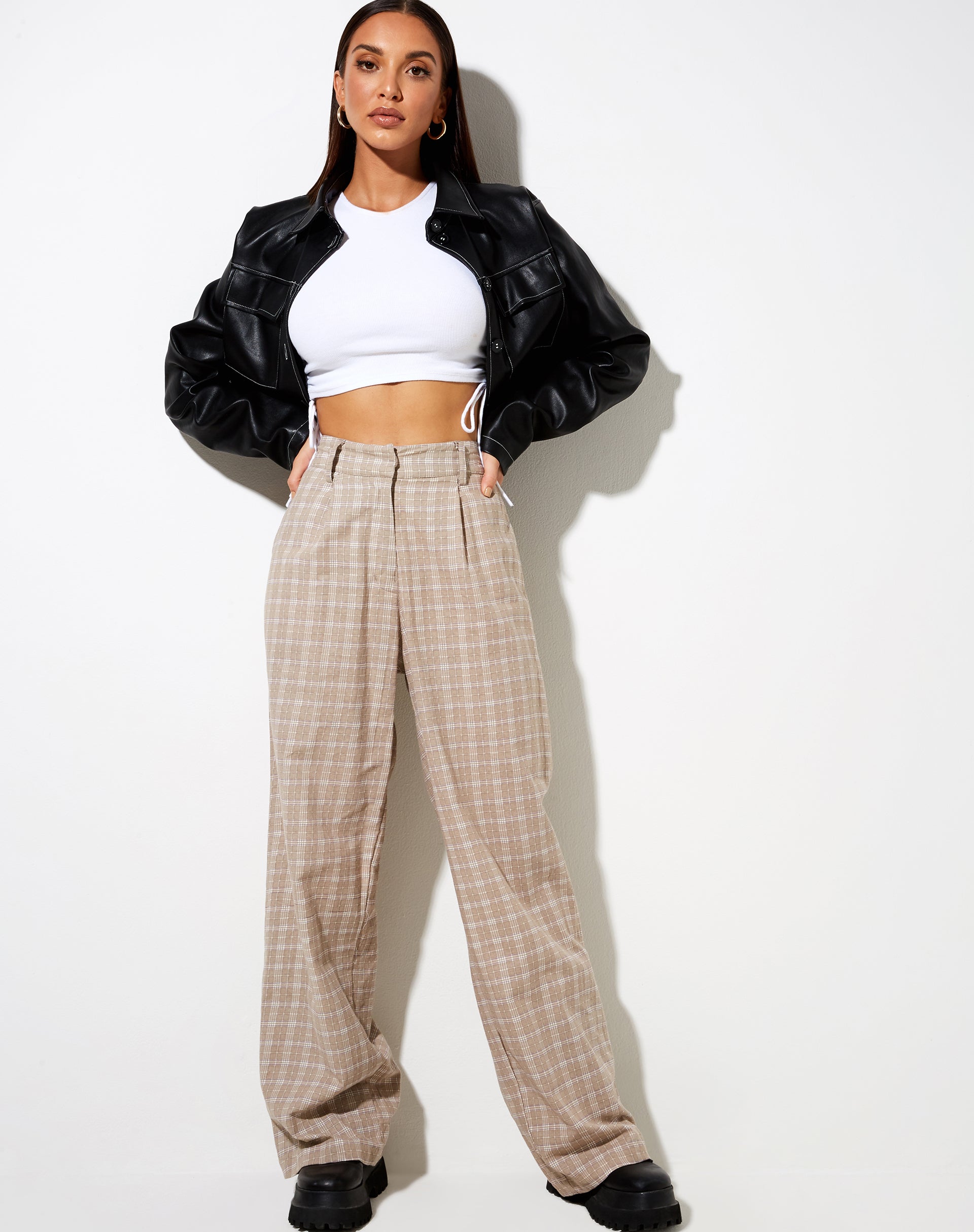 High Waist Beige and White Check Wide Leg Trouser | Onfal