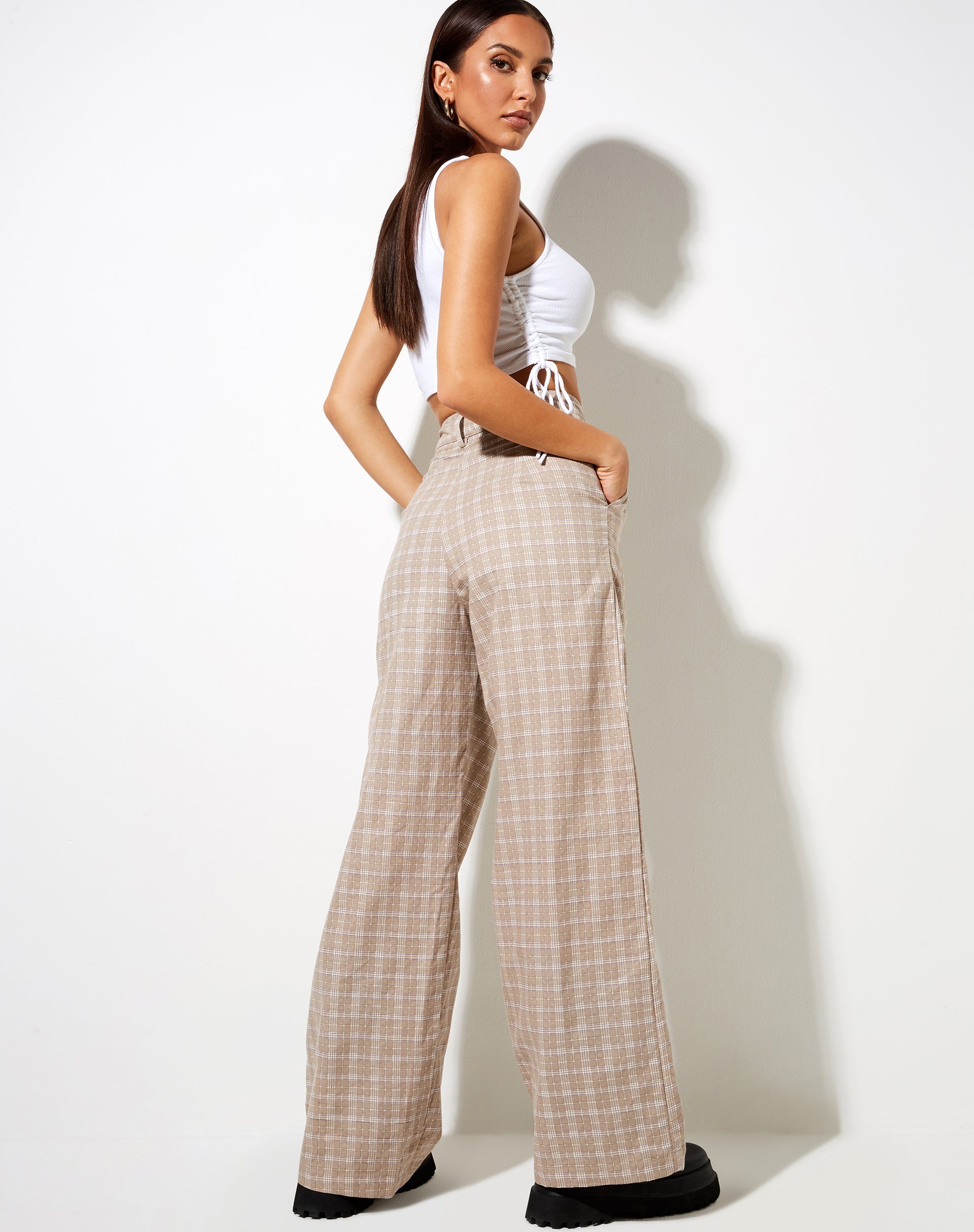 High Waist Beige and White Check Wide Leg Trouser | Onfal