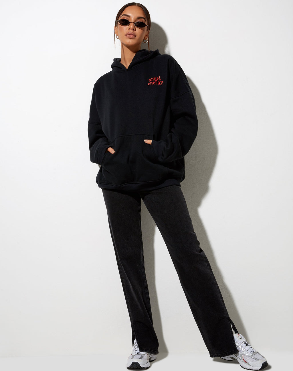Oversize Hoodie in Black 'Angel Energy' Light Red Embro