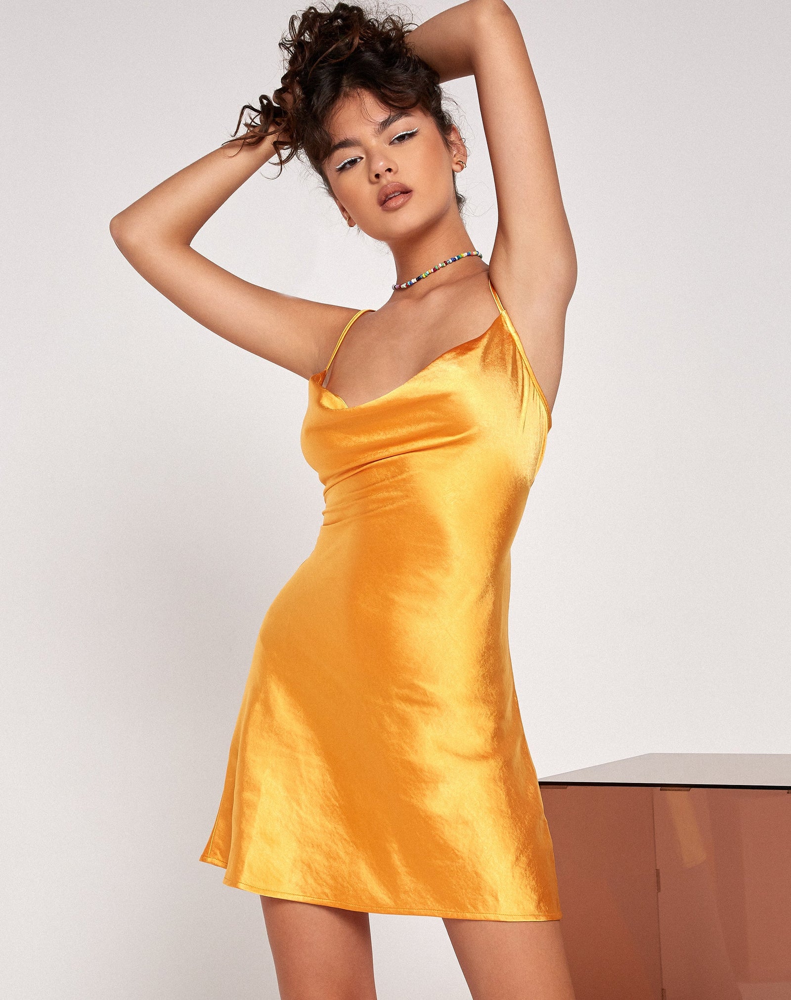 Satin Orange Cowl Neck Strappy Mini Dress | Paiva – motelrocks-com-us