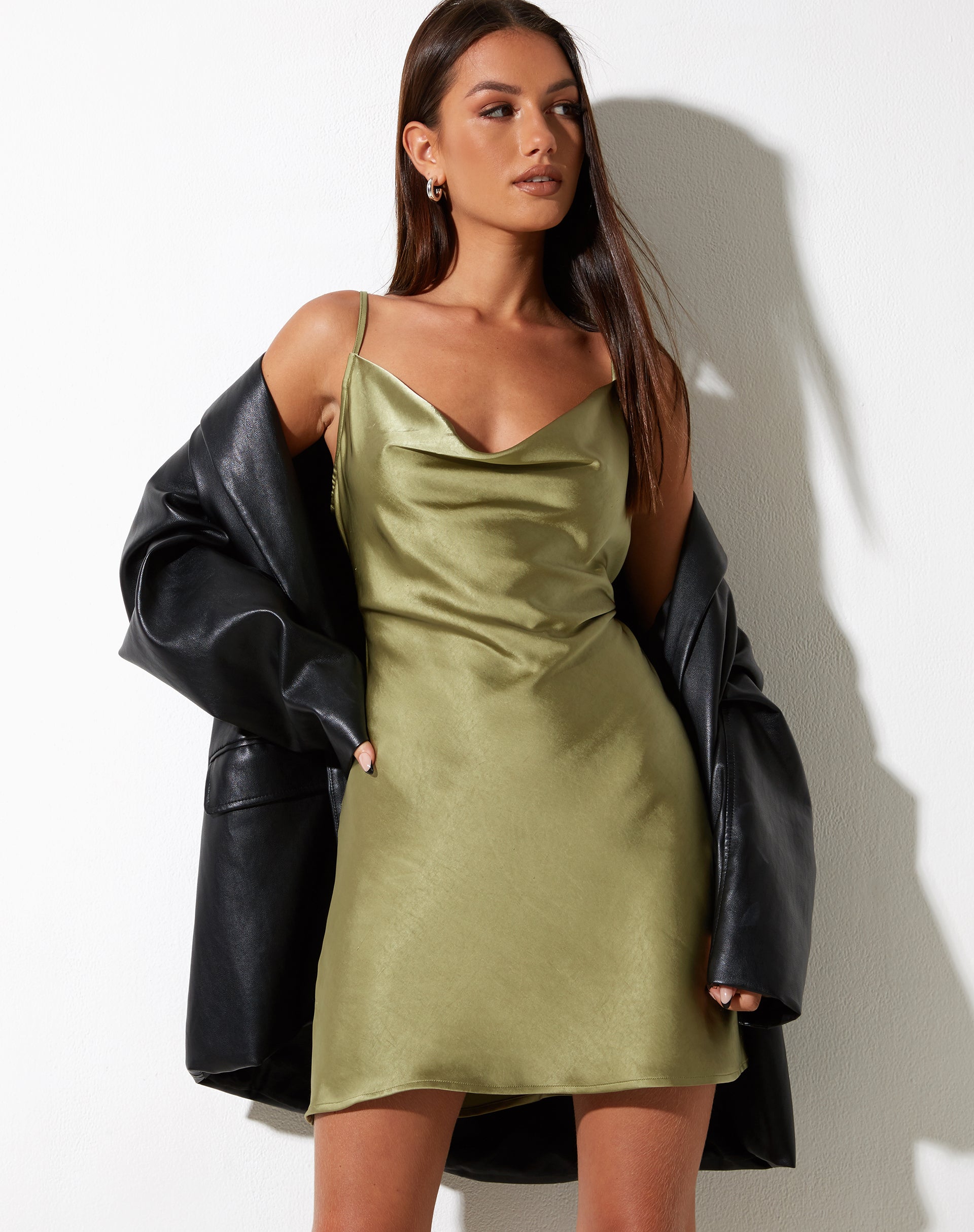 Cowl Neck Satin Olive Green Mini Party Slip Dress