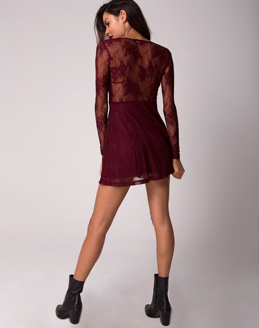 maroon lace skater dress Izabel London Burgundy Lace Layer Sleeveless Short Skater Dress - 8