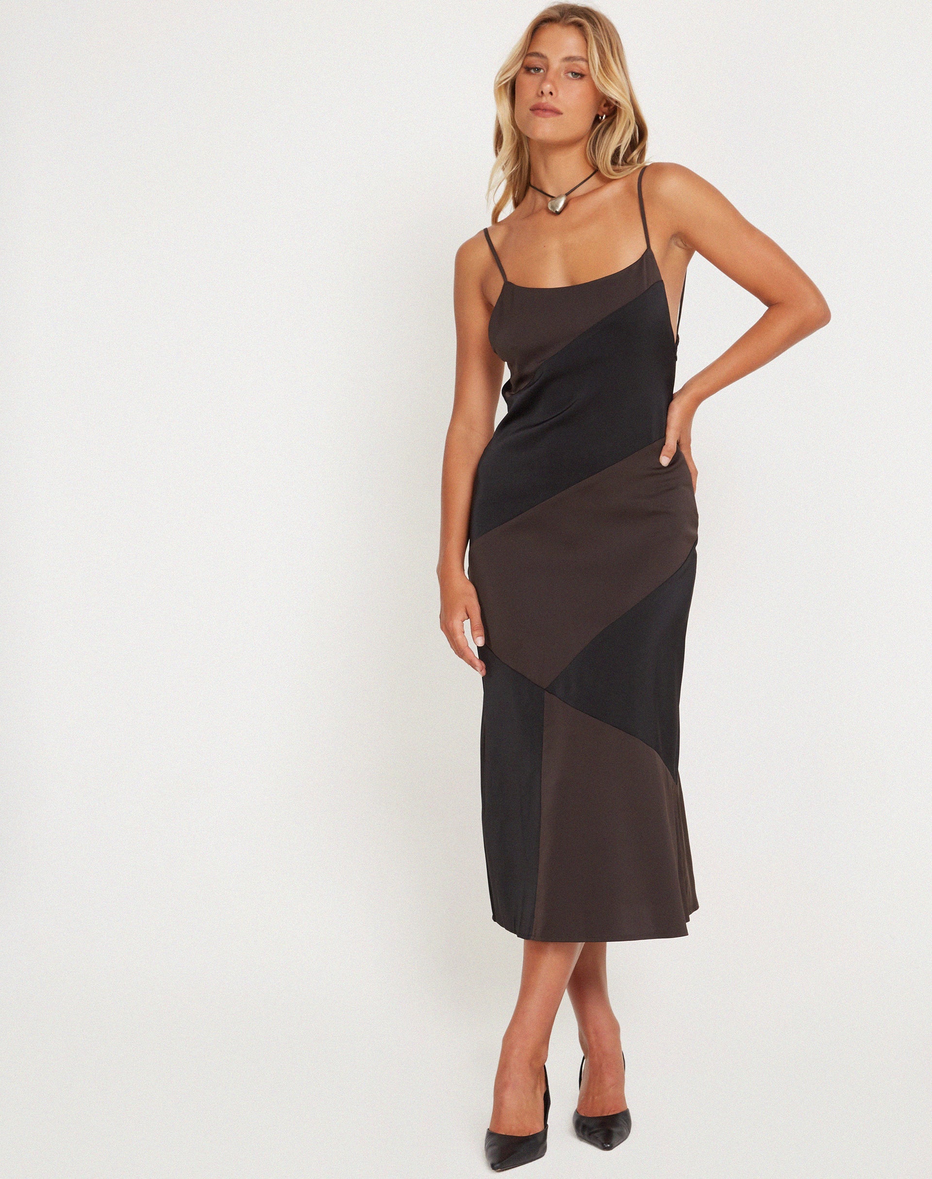 image of Perlita Midi Dress in Two Tone Black Satin