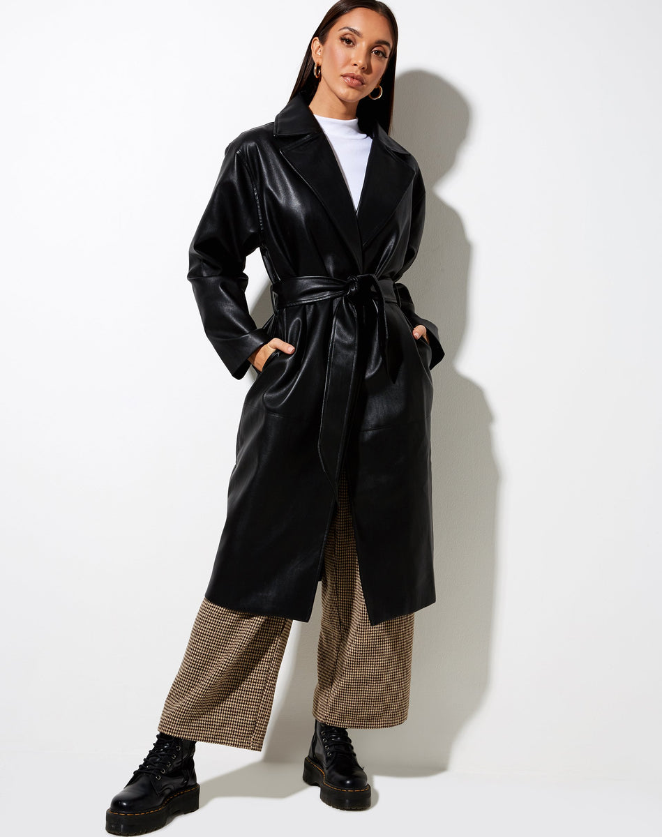 Longline Black Pu Coat | Duster – motelrocks-com-us