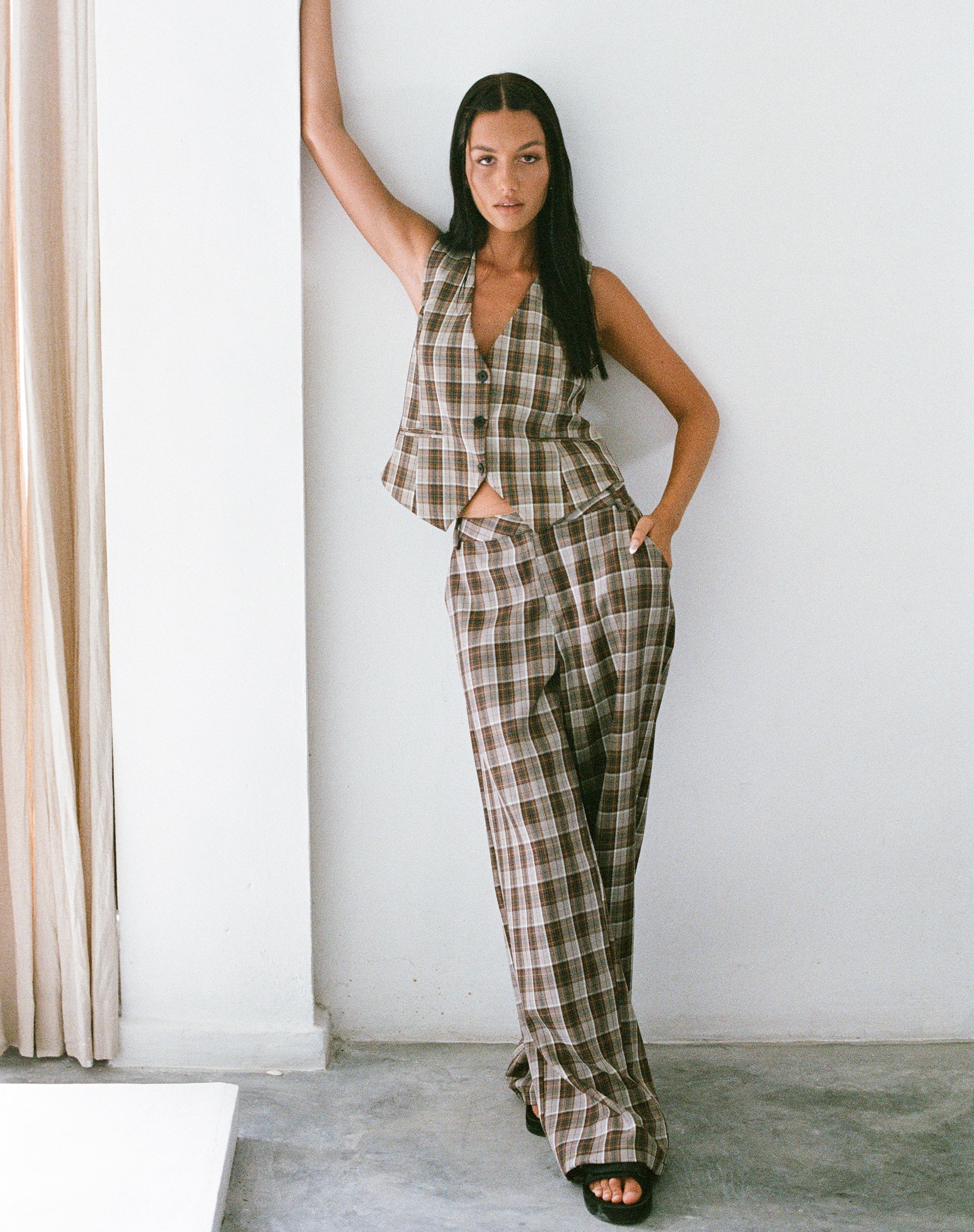 Image of MOTEL X OLIVIA NEILL Hondra Trouser in Check Tan Brown
