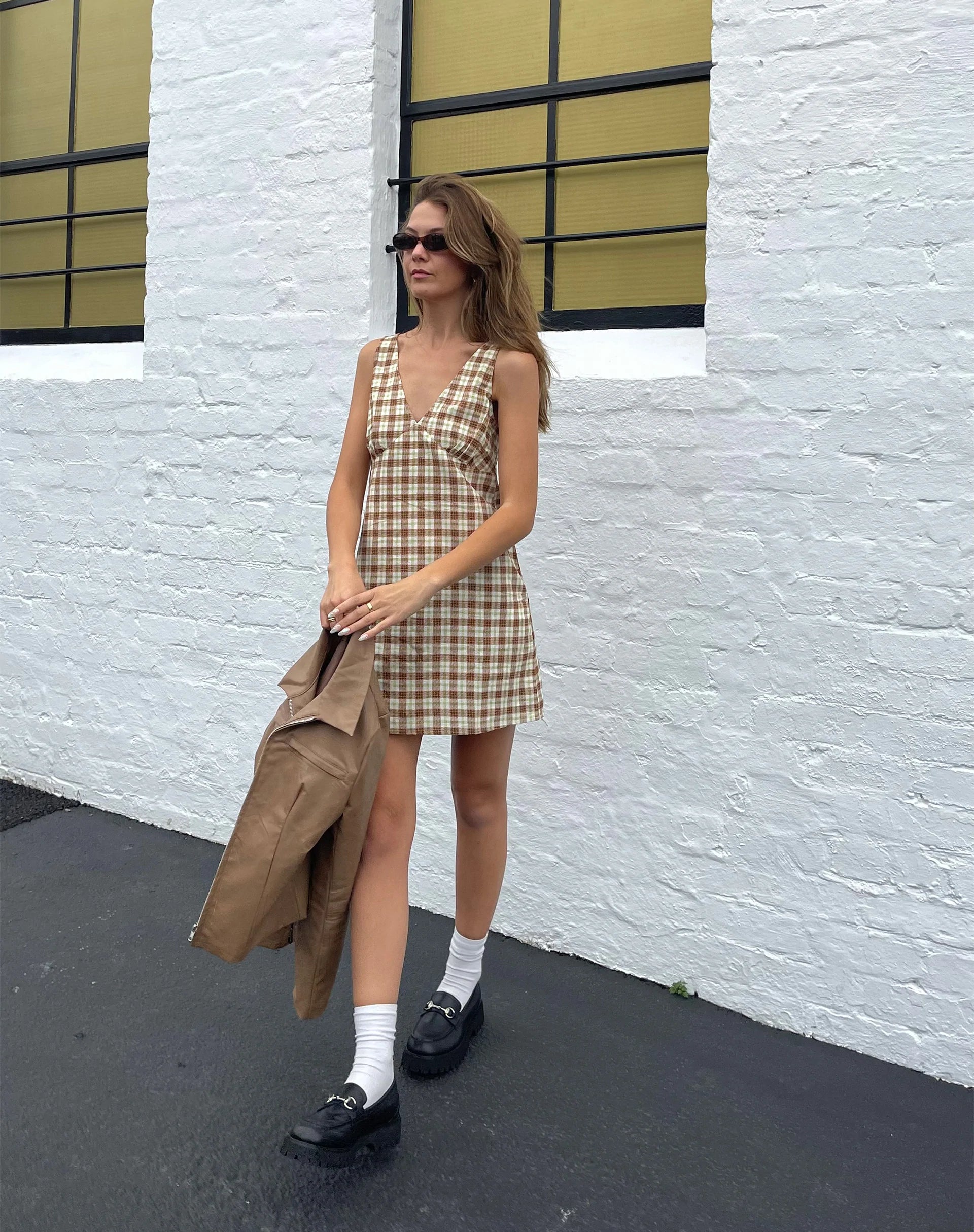 brown and yellow dress Reclaimed Vintage midi summer dress with waist seam details in butter yellow and brown stripe