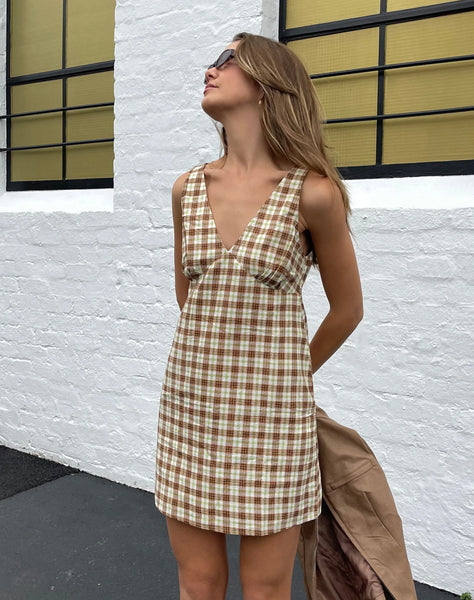 Yellow and Brown Plunge V-neckline Check Print Day Dress | Eluned