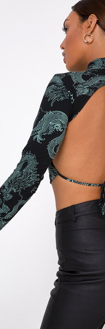 Backless Mint and Black Dragon Print Crop Top | Quelia – motelrocks-com-us