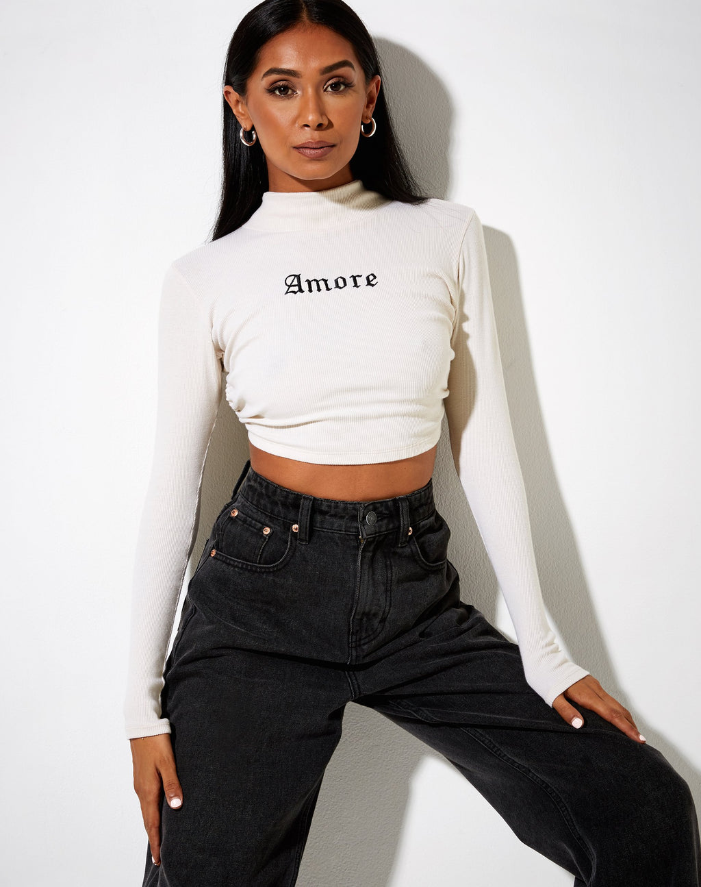 Quelia Crop Top in Rib Winter White "Amore" Embro