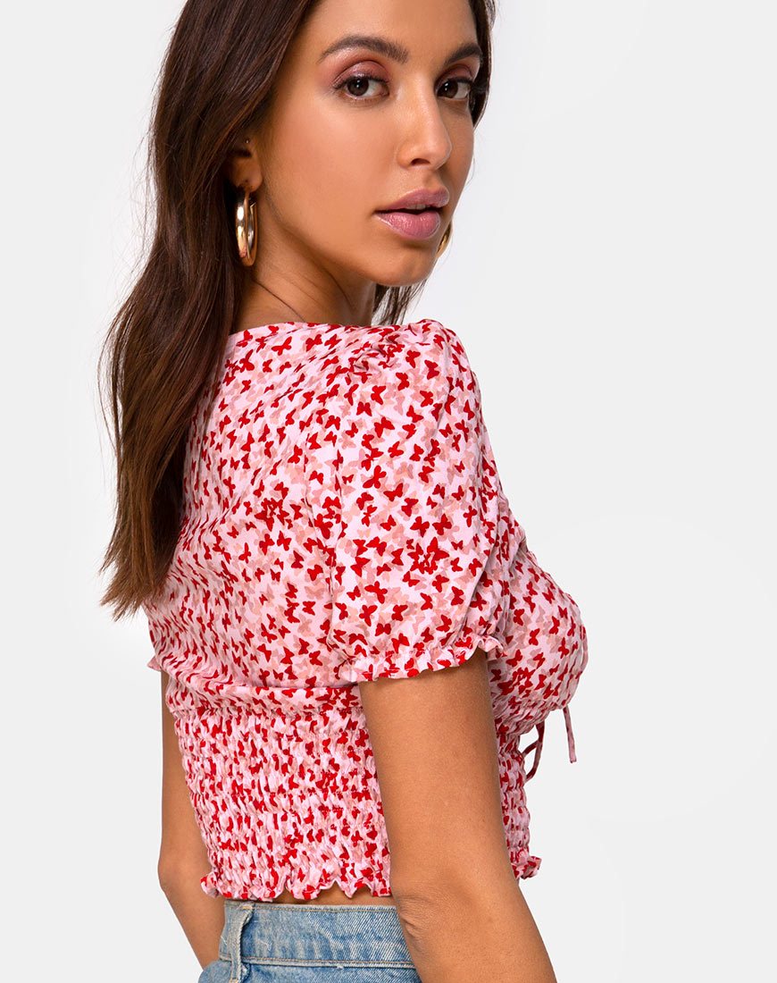 Image of Raquel Crop Top in Ditsy Butterfly Peach and Red