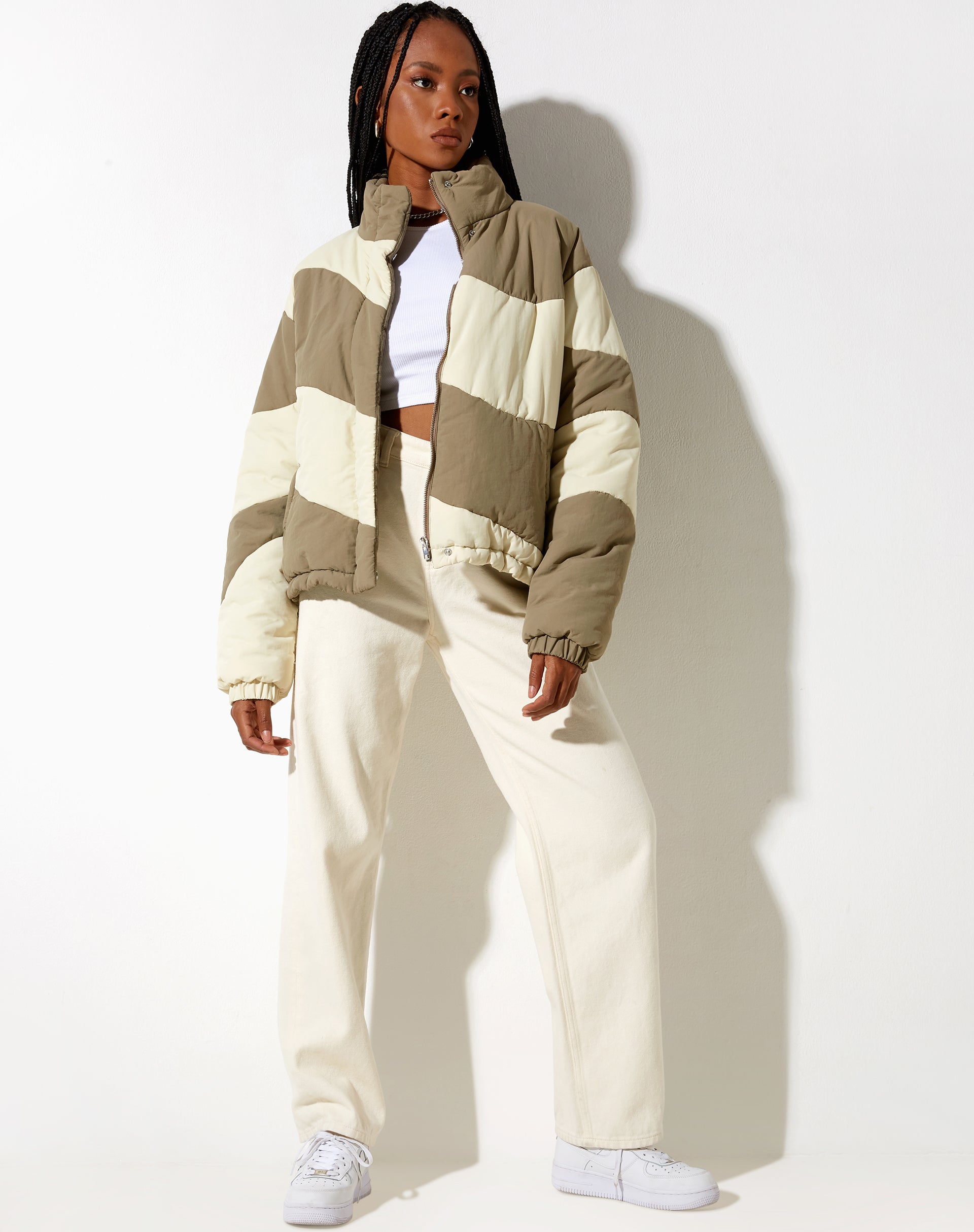 Image of Renee Puffa Jacket in Panelled Cream and Taupe