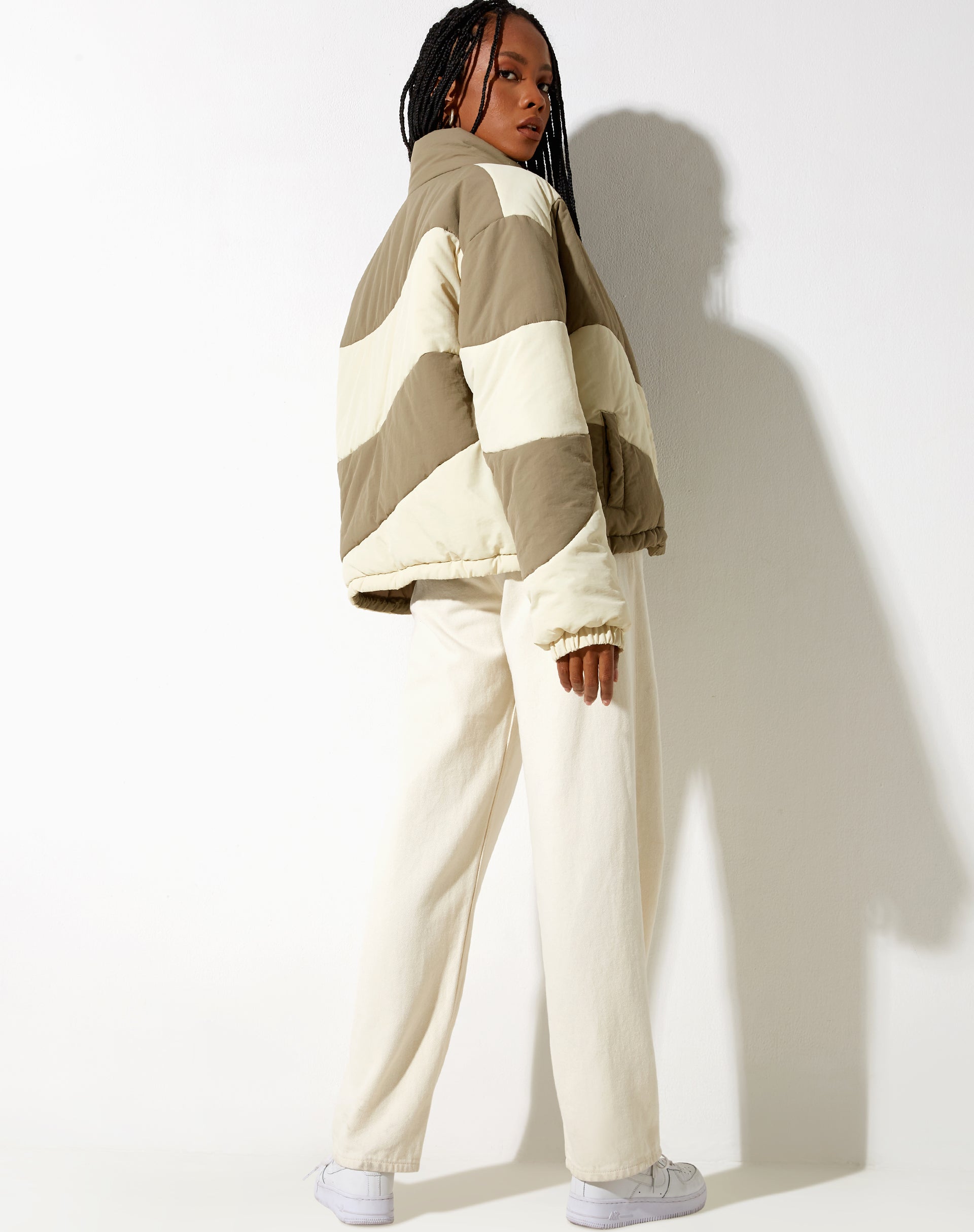Image of Renee Puffa Jacket in Panelled Cream and Taupe