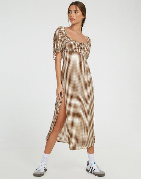 Short Sleeve Brown Gingham Check Midi Dress | Cello – motelrocks