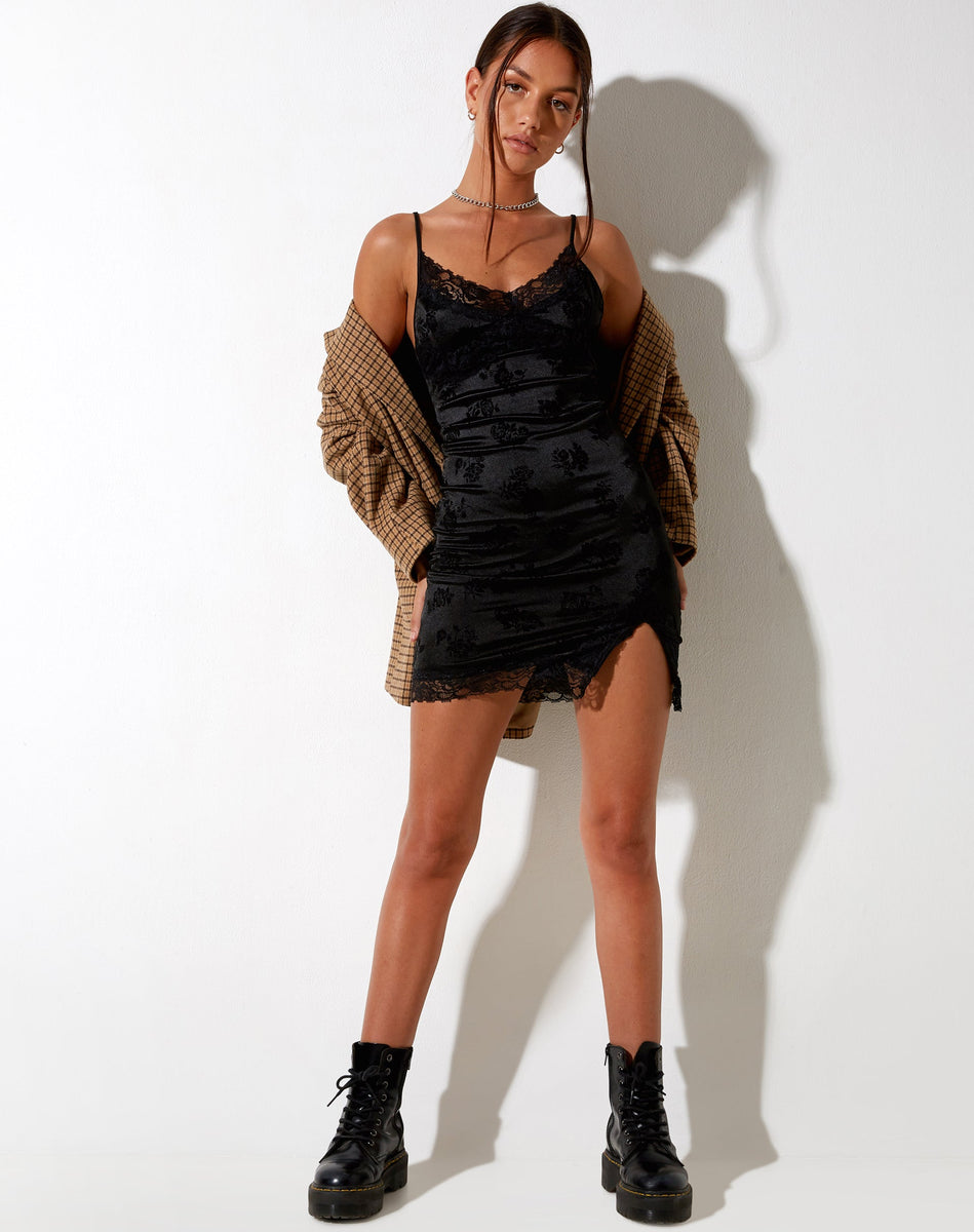 Black Strappy Satiny Bodycon Lace Trim Mini Dress | Coti – motelrocks ...