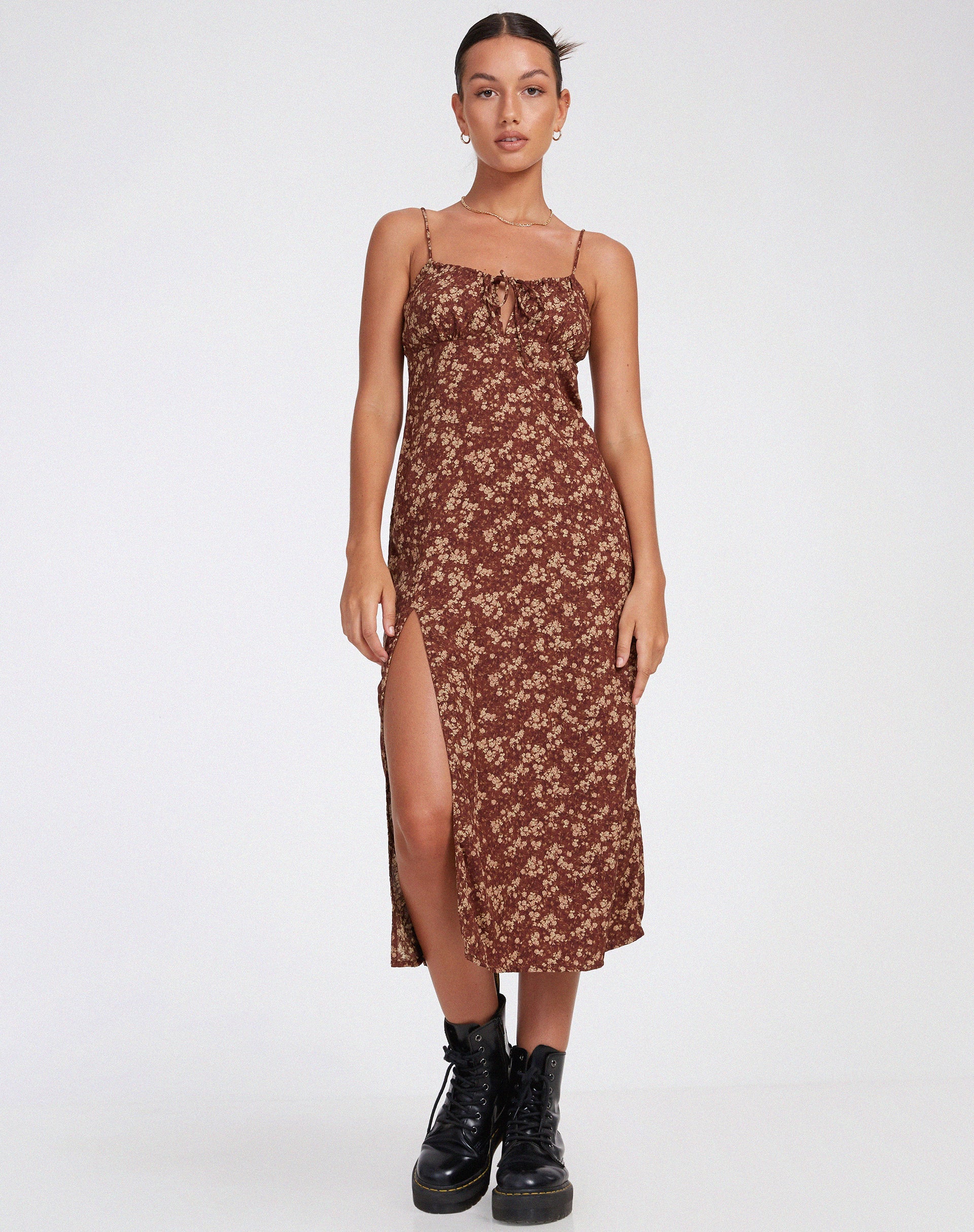 motel rocks brown floral dress Gabriela Midi Dress in Garden Floral Brown